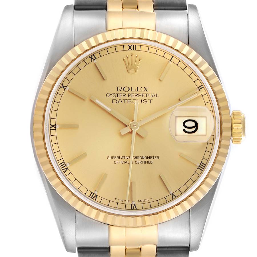 The Rolex Datejust watch is shown from a front angle, displaying the dial, hands, date window, and part of the bracelet.