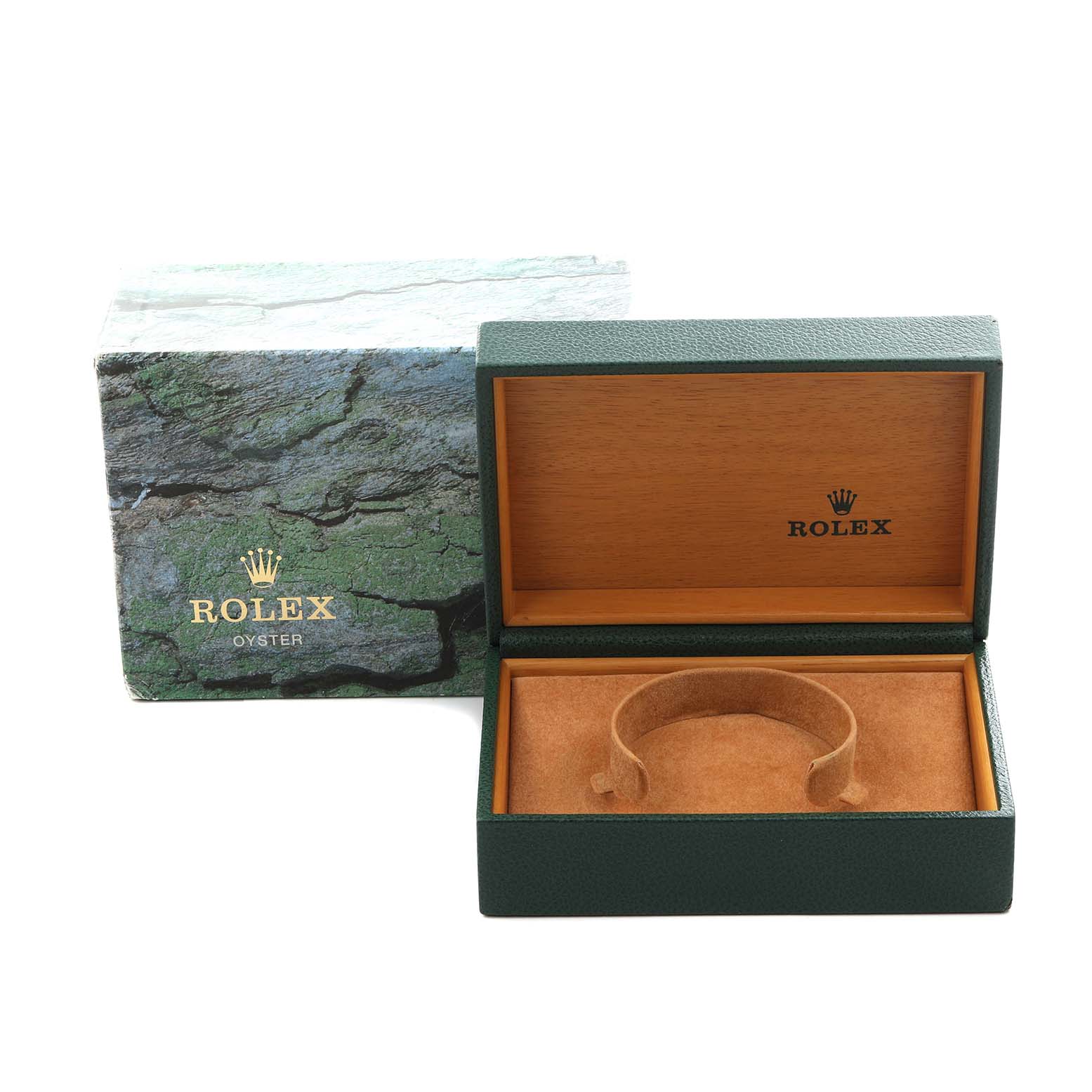 The image shows an open green Rolex Datejust 16233 Men
s Steel and Gold (two tone) Champagne Dial 16233 Men
s Steel and Gold (two tone) Champagne Dial watch box with a cushion inside, viewed from the front.