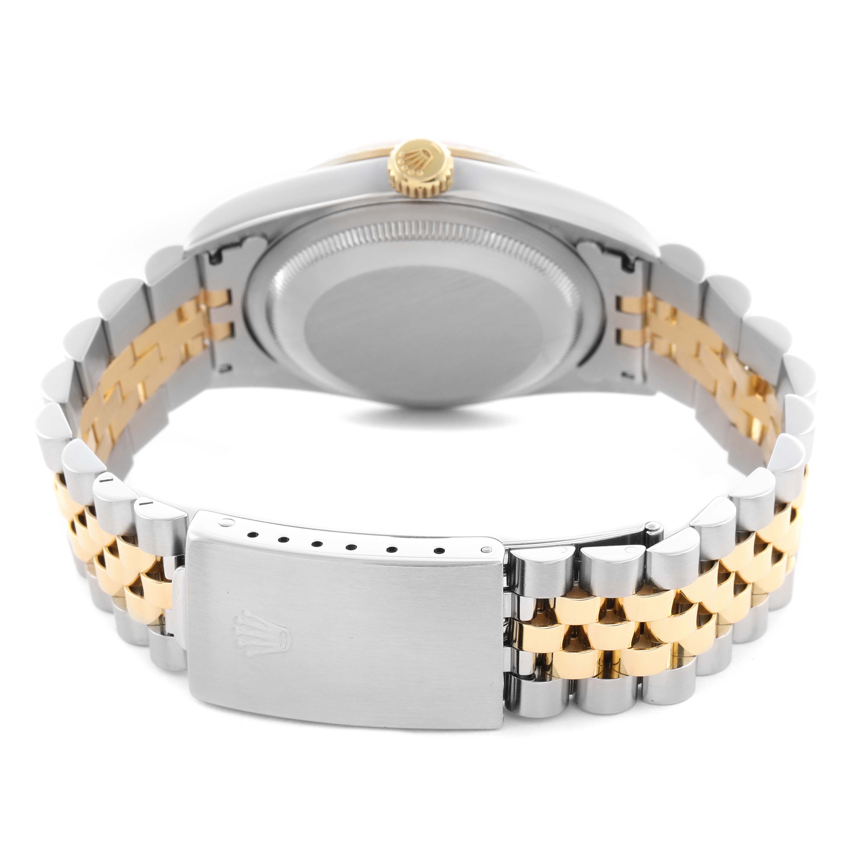 The Rolex Datejust 16233 Men
s Steel and Gold (two tone) Champagne Dial 16233 Men
s Steel and Gold (two tone) Champagne Dial is shown from the back, highlighting the case back, crown, and two-tone bracelet with clasp.