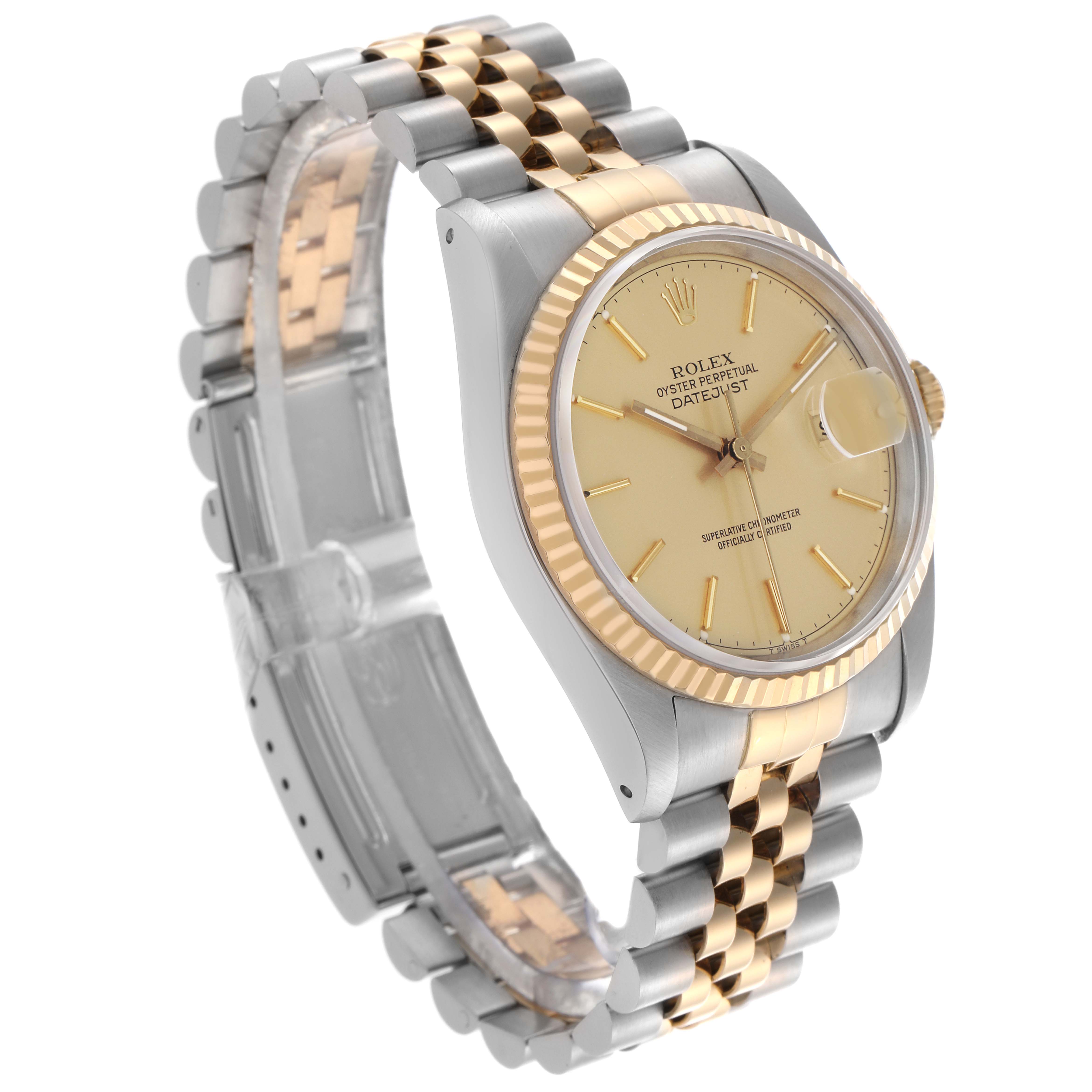 The Rolex Datejust 16233 Men
s Steel and Gold (two tone) Champagne Dial 16233 Men
s Steel and Gold (two tone) Champagne Dial watch is shown at a three-quarter angle, displaying the face, bezel, and part of the bracelet.