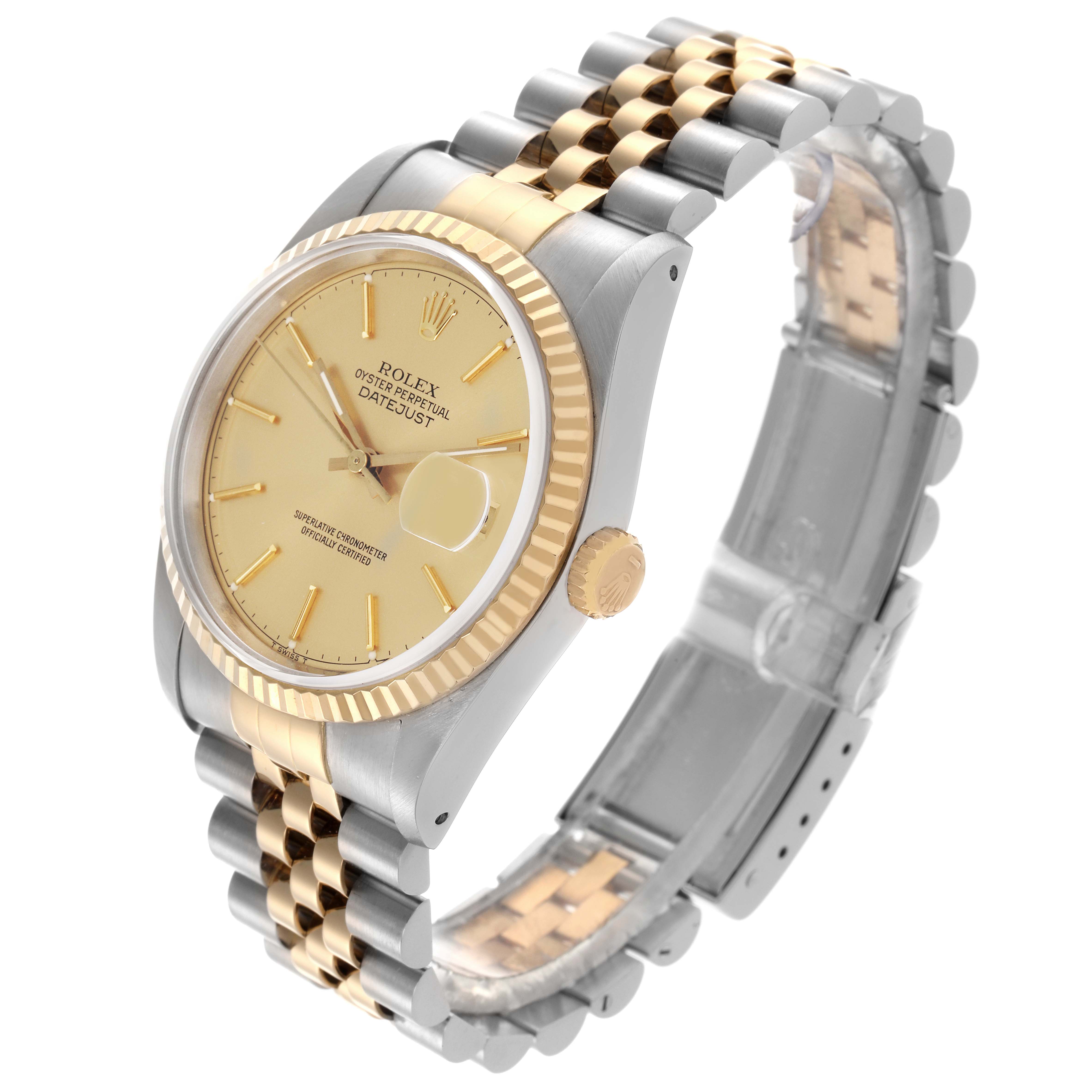 The Rolex Datejust 16233 Men
s Steel and Gold (two tone) Champagne Dial 16233 Men
s Steel and Gold (two tone) Champagne Dial watch is shown at a three-quarter angle, displaying the face, crown, and two-tone bracelet.
