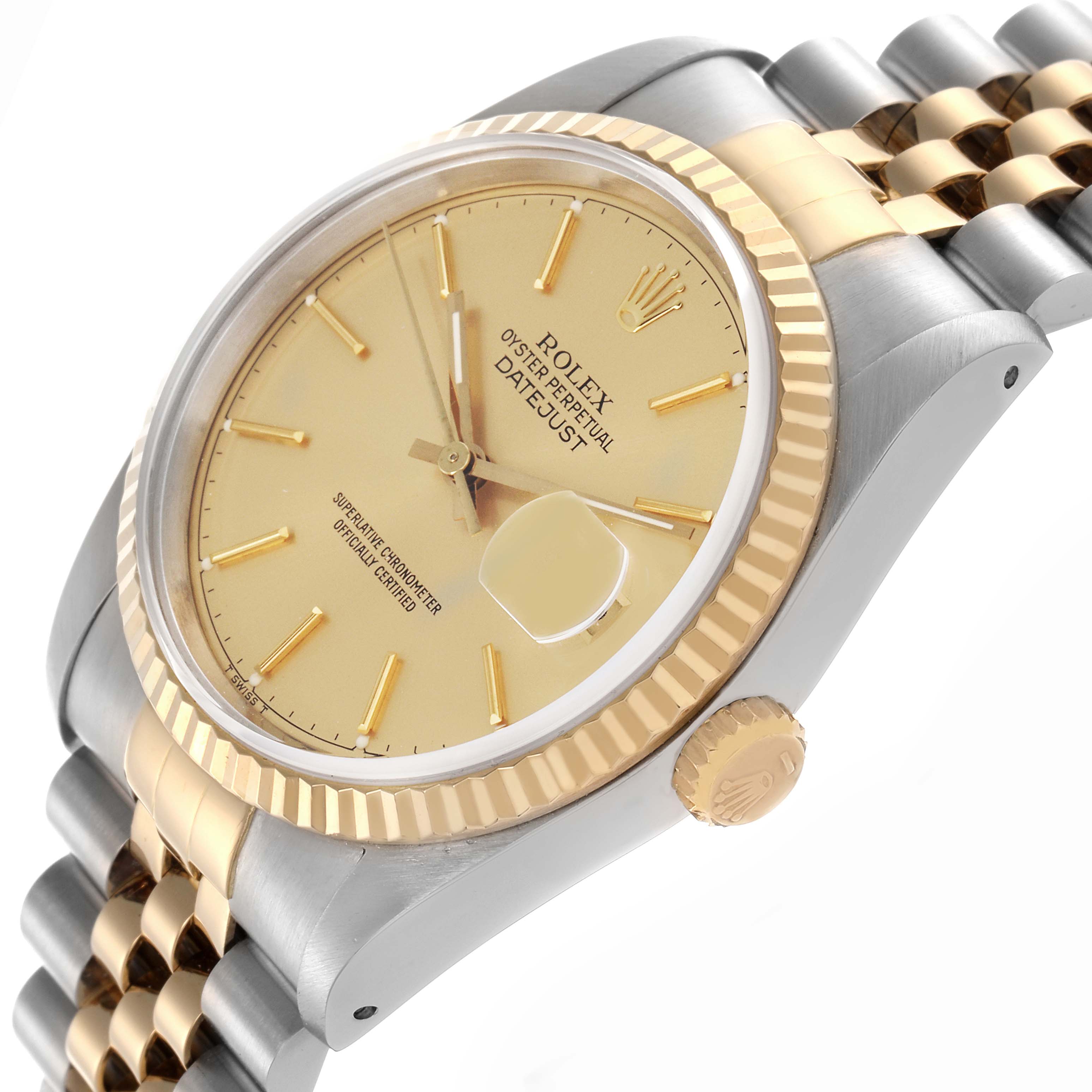The Rolex Datejust 16233 Men
s Steel and Gold (two tone) Champagne Dial 16233 Men
s Steel and Gold (two tone) Champagne Dial watch is shown at an angled side view, highlighting the dial, bezel, crown, and part of the bracelet.