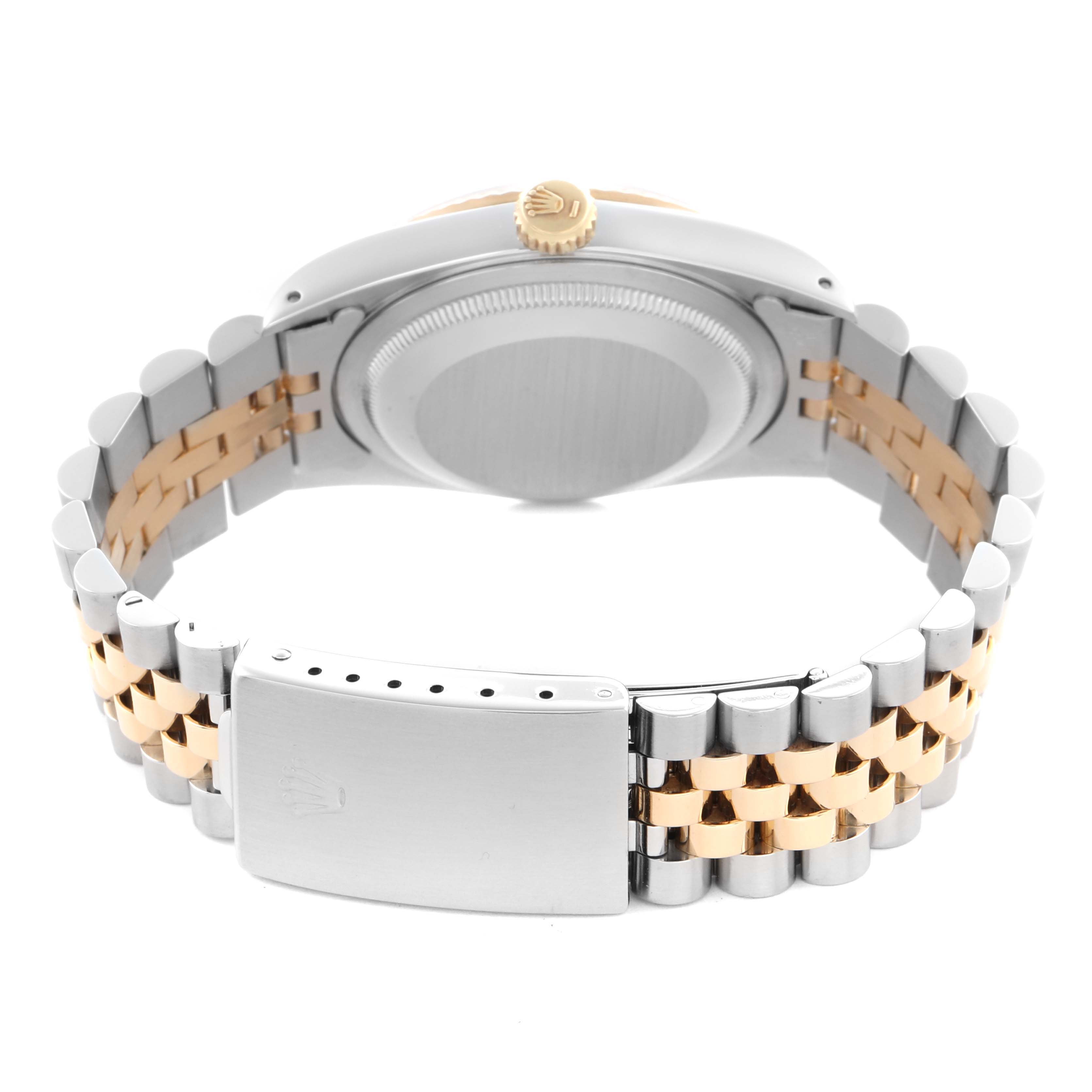 The image shows the back view of a Rolex Datejust 16233 Men
s Steel and Gold (two tone) Champagne Dial 16233 Men
s Steel and Gold (two tone) Champagne Dial, highlighting the bracelet and clasp.