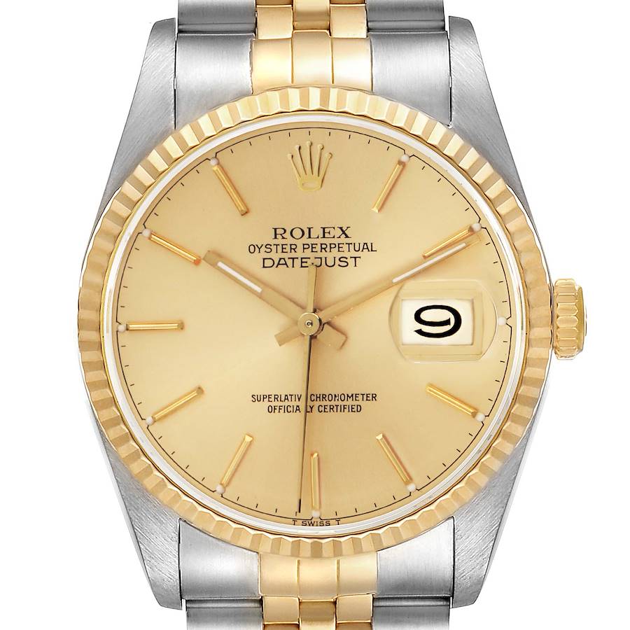 The Rolex Datejust watch is shown from a front angle, highlighting the dial, bezel, and bracelet.