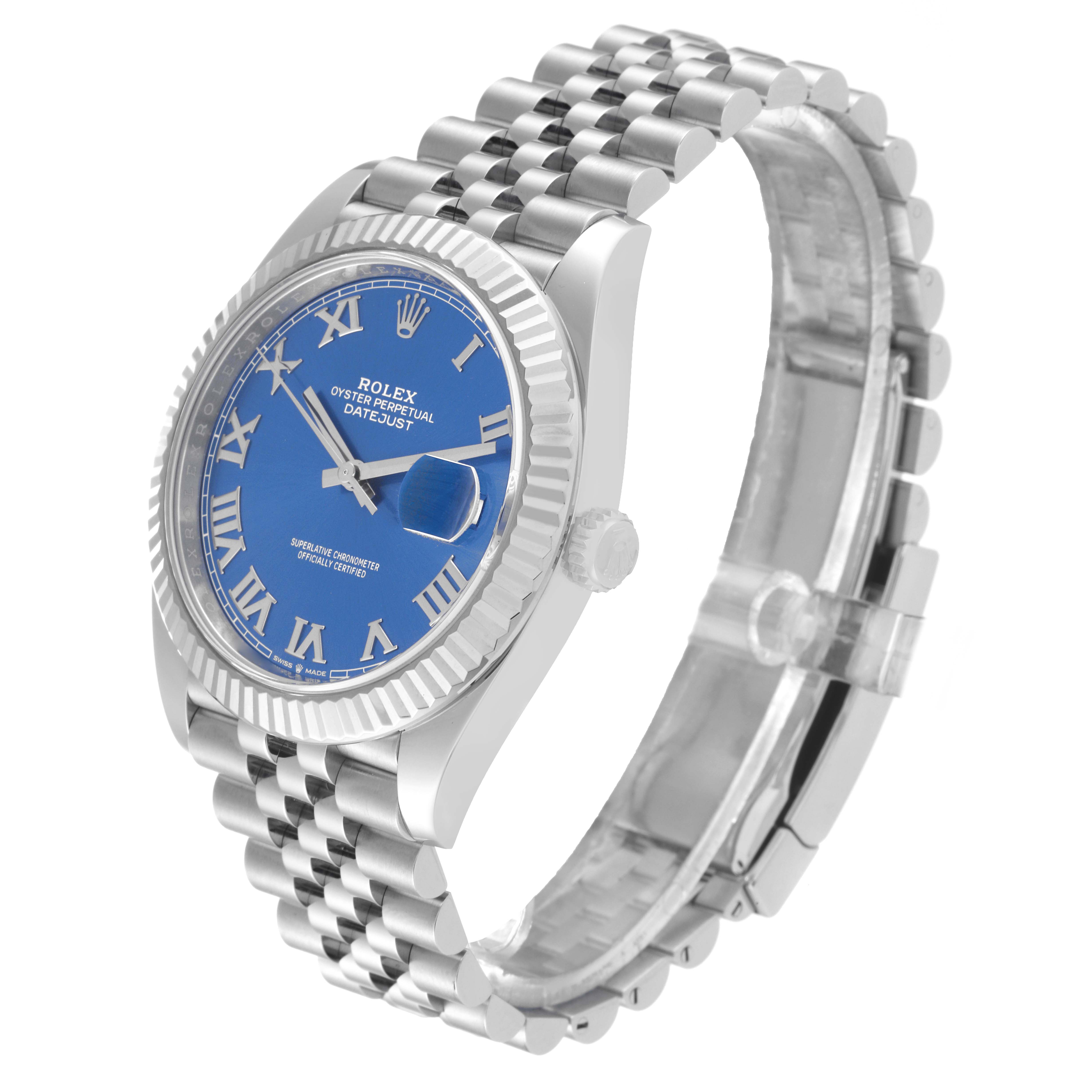 The Rolex Datejust 41 126334 Men's Stainless Steel Blue Dial is shown at a left-side angle, highlighting its blue dial, fluted bezel, and jubilee bracelet.