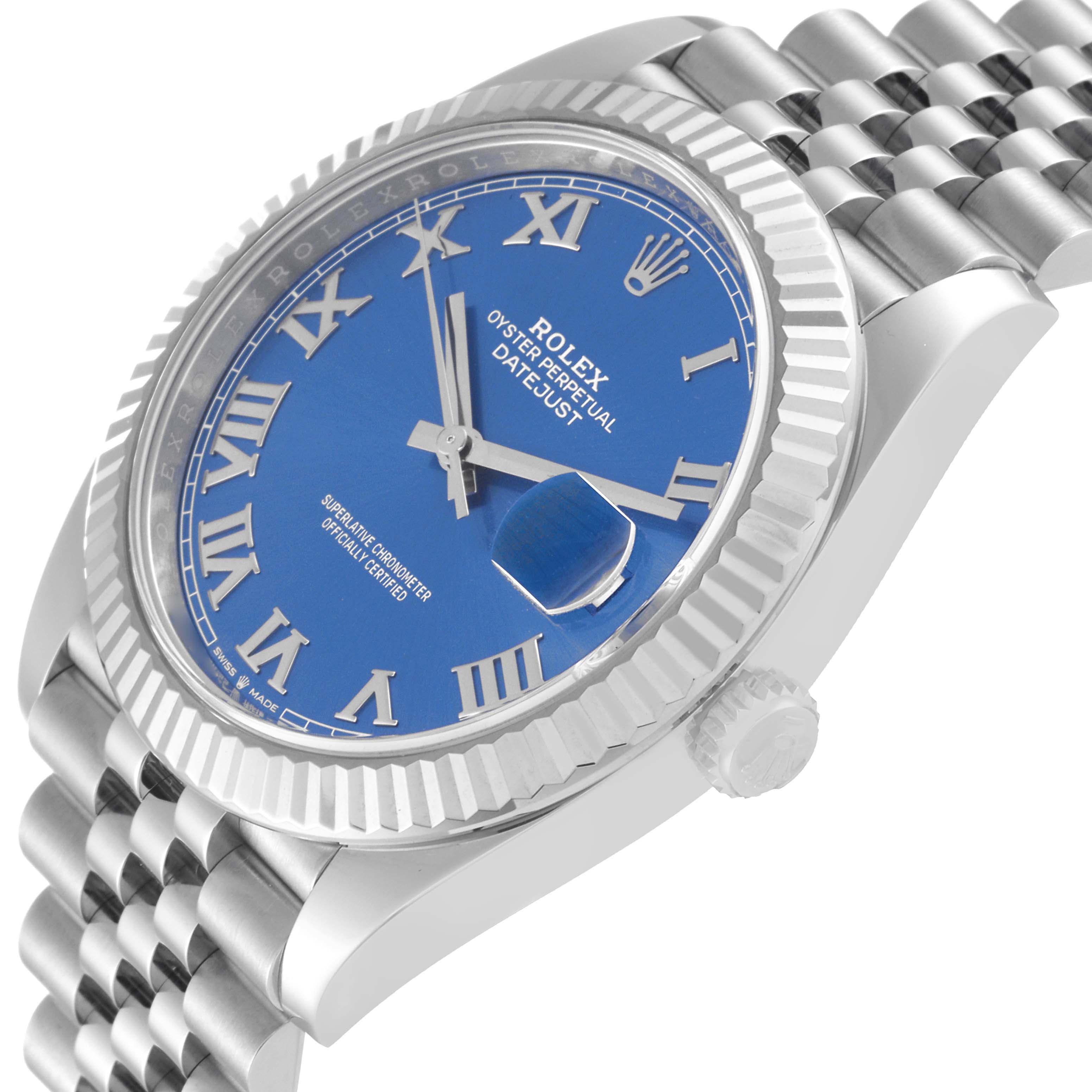 The Rolex Datejust 41 126334 Men's Stainless Steel Blue Dial is shown from a side angle, highlighting the blue dial, fluted bezel, and Jubilee bracelet.