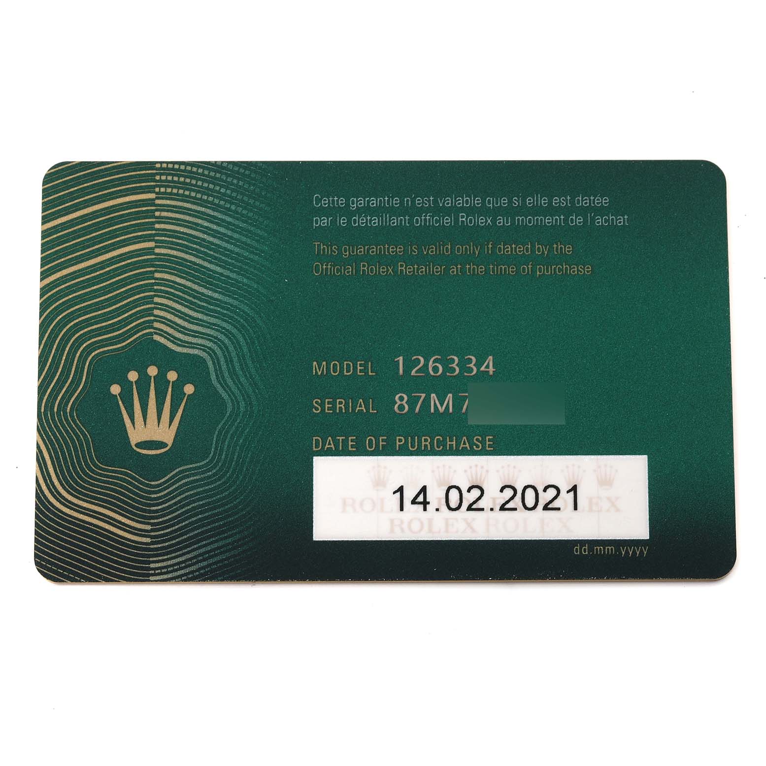 The image shows a close-up of the warranty card for a Rolex Datejust 41 126334 Men's Stainless Steel Blue Dial, highlighting the model and purchase date.