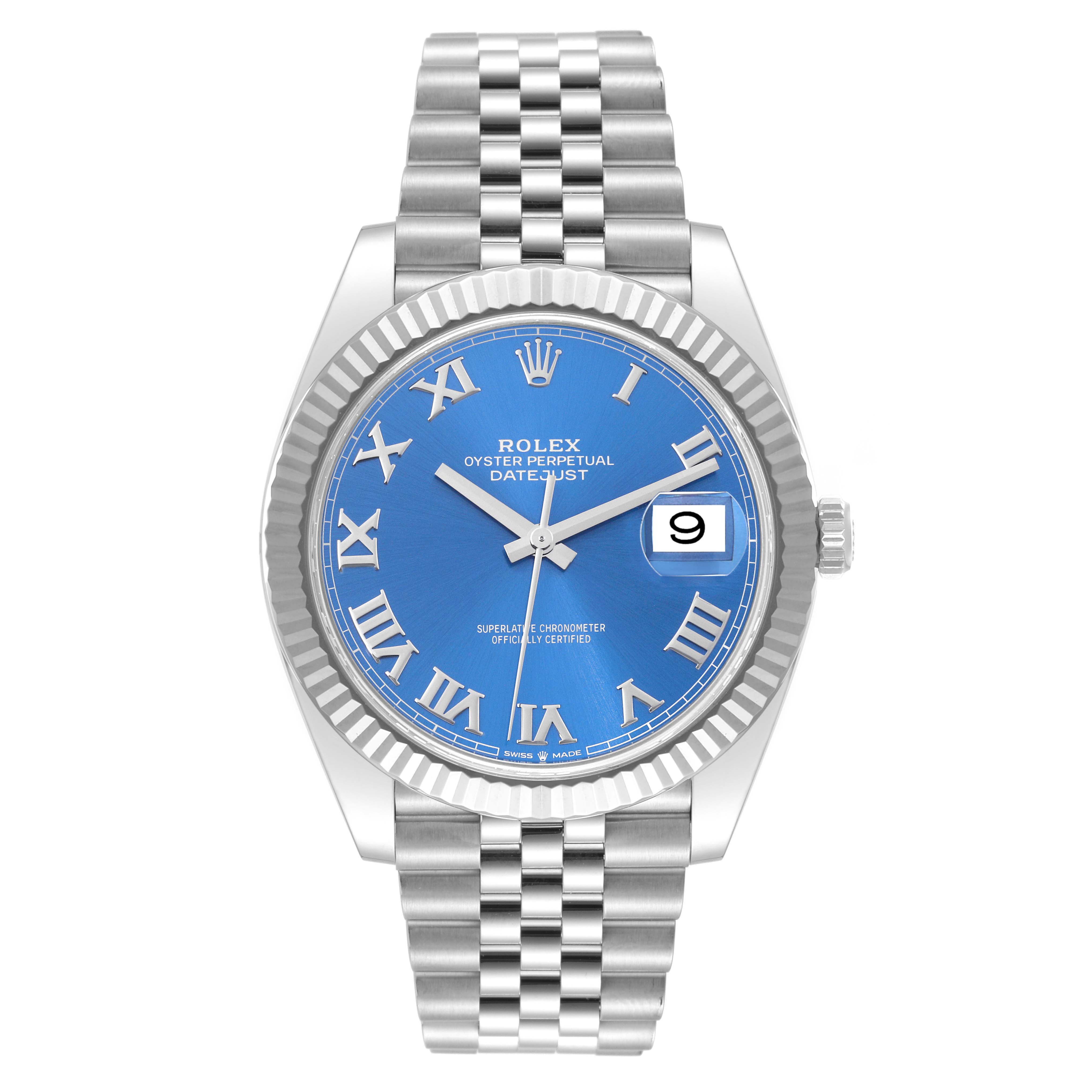 This image shows a frontal view of a Rolex Datejust 41 126334 Men's Stainless Steel Blue Dial, featuring its blue dial, Roman numerals, and Jubilee bracelet.