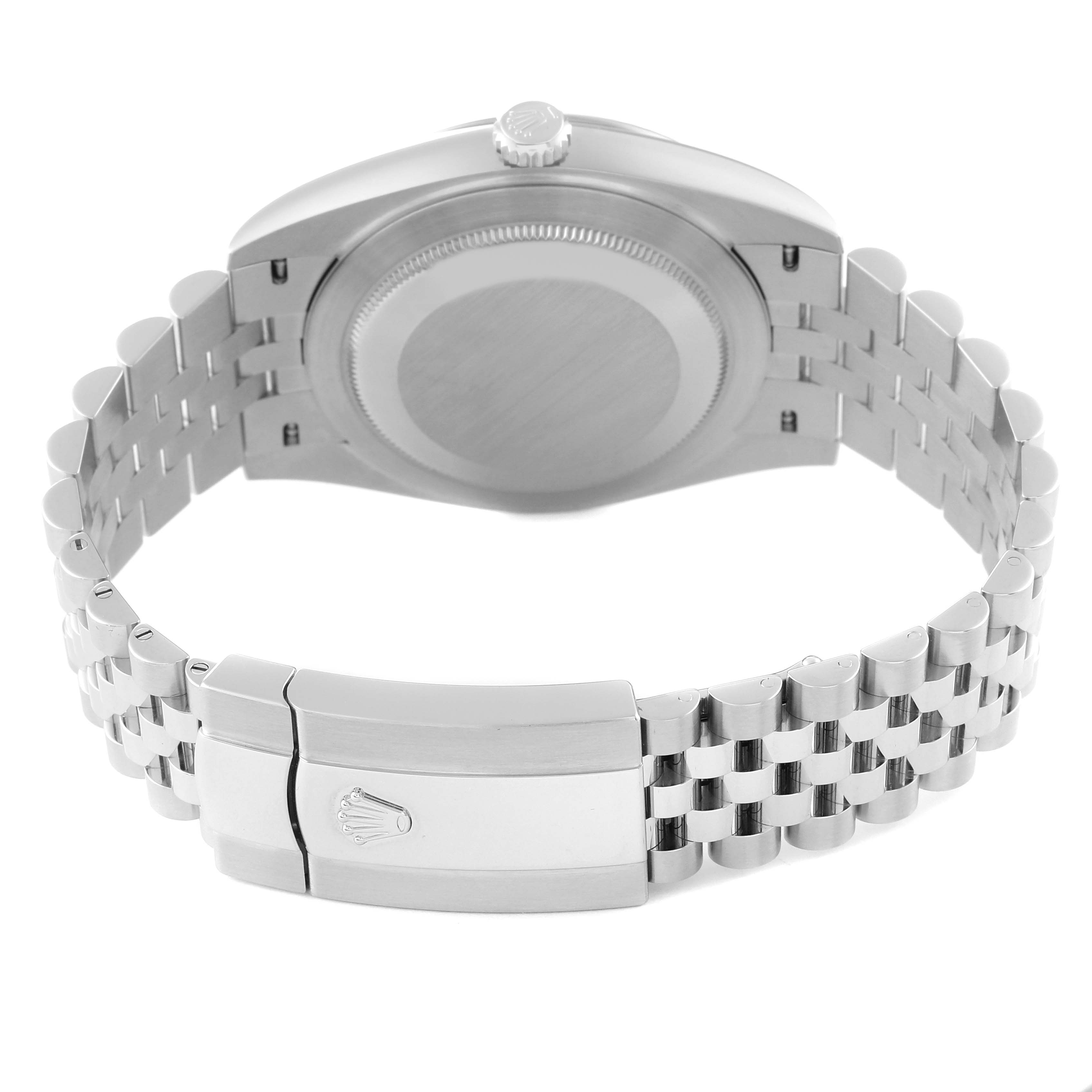The image shows the back and side of a Rolex Datejust 41 126334 Men's Stainless Steel Blue Dial, highlighting the case back, crown, and Jubilee bracelet.