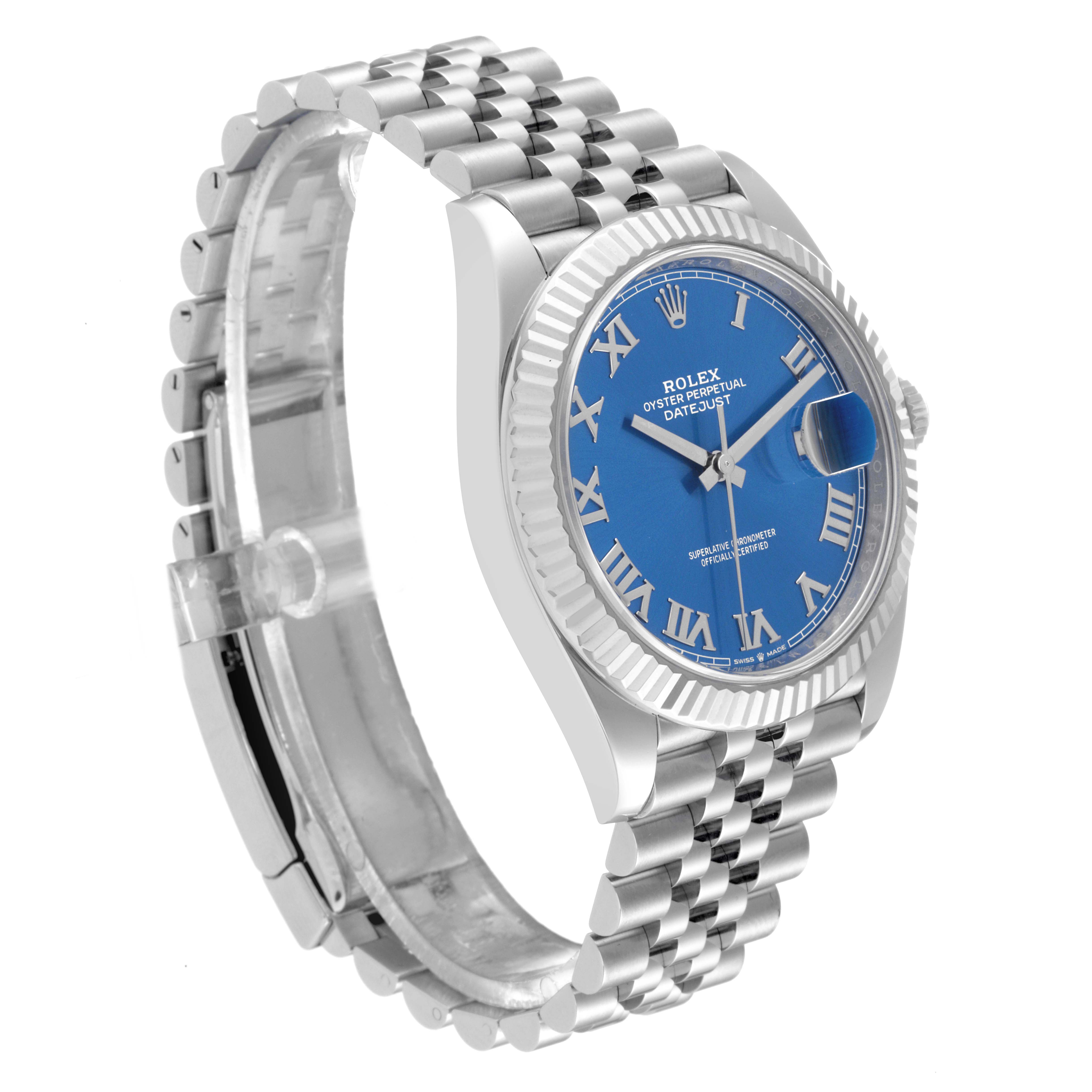 The Rolex Datejust 41 126334 Men's Stainless Steel Blue Dial is shown at a three-quarter angle, displaying the blue dial, fluted bezel, and Jubilee bracelet.