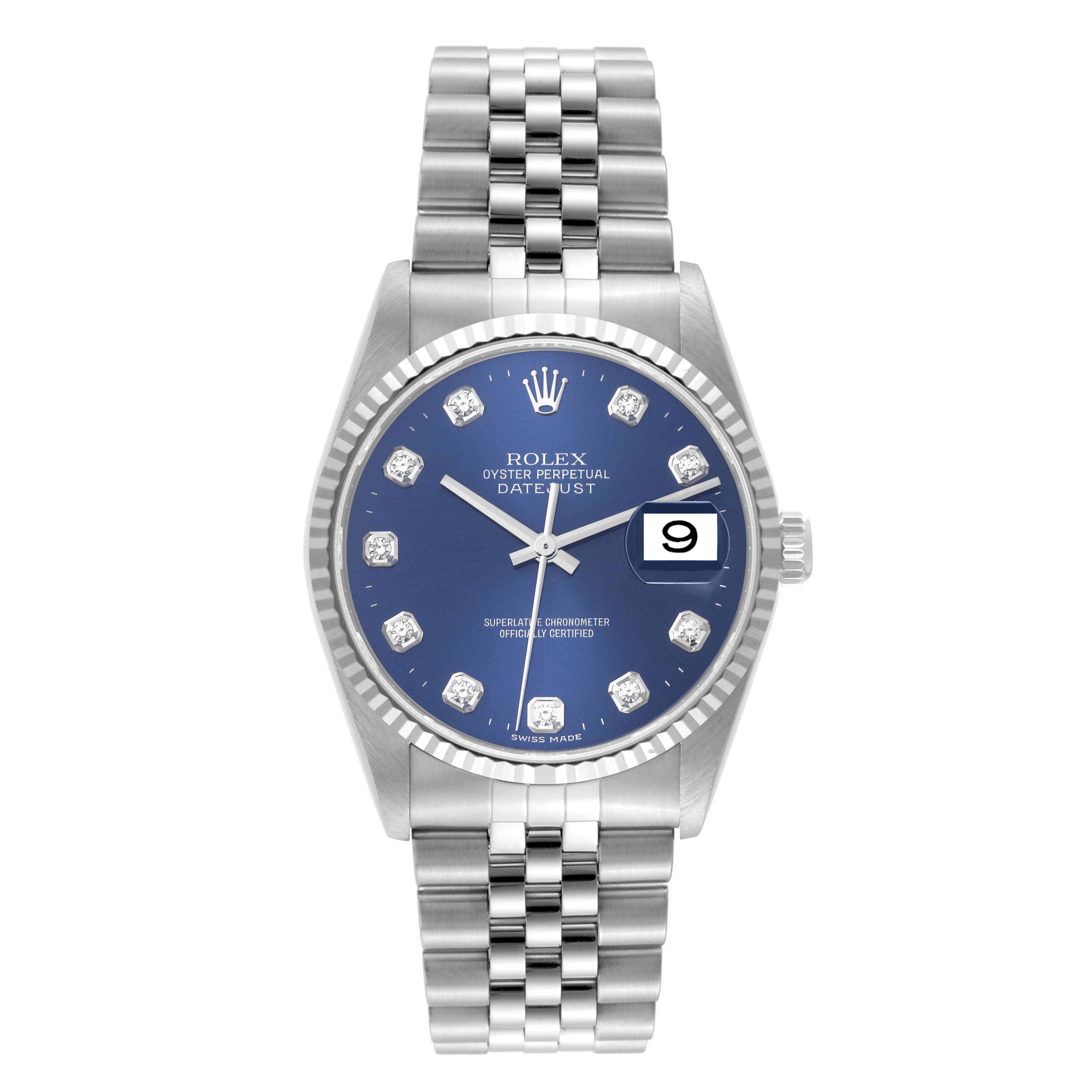 This image shows a full frontal view of a Rolex Datejust 16234 Men's Stainless Steel Blue Dial 16234 Men's Stainless Steel Blue Dial watch with a blue dial and Jubilee bracelet.