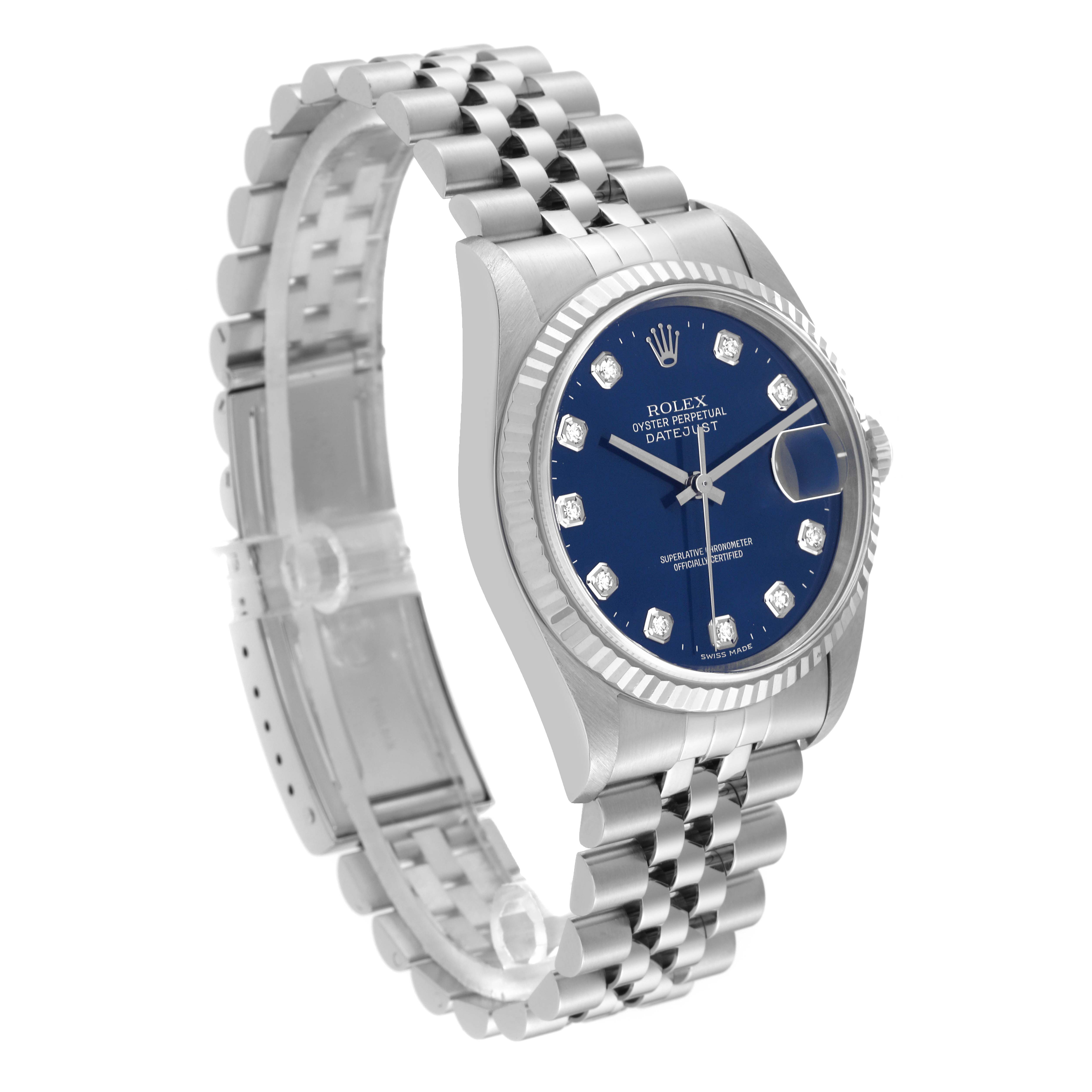 The Rolex Datejust 16234 Men's Stainless Steel Blue Dial 16234 Men's Stainless Steel Blue Dial watch is shown at a three-quarter angle, displaying its face, bracelet, and casing.