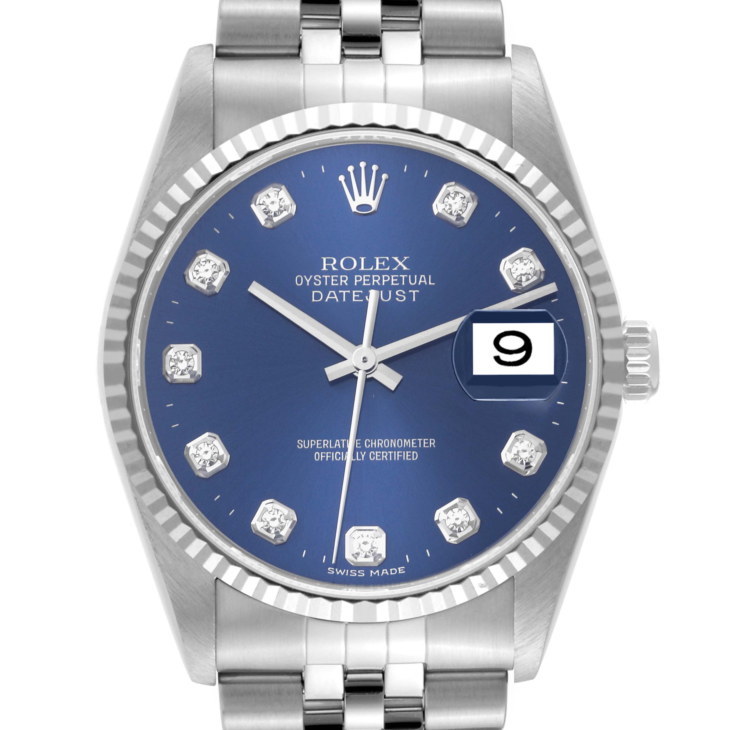 This image shows a front view of a Rolex Datejust 16234 Men's Stainless Steel Blue Dial 16234 Men's Stainless Steel Blue Dial watch, highlighting the blue dial, diamond hour markers, and date display.