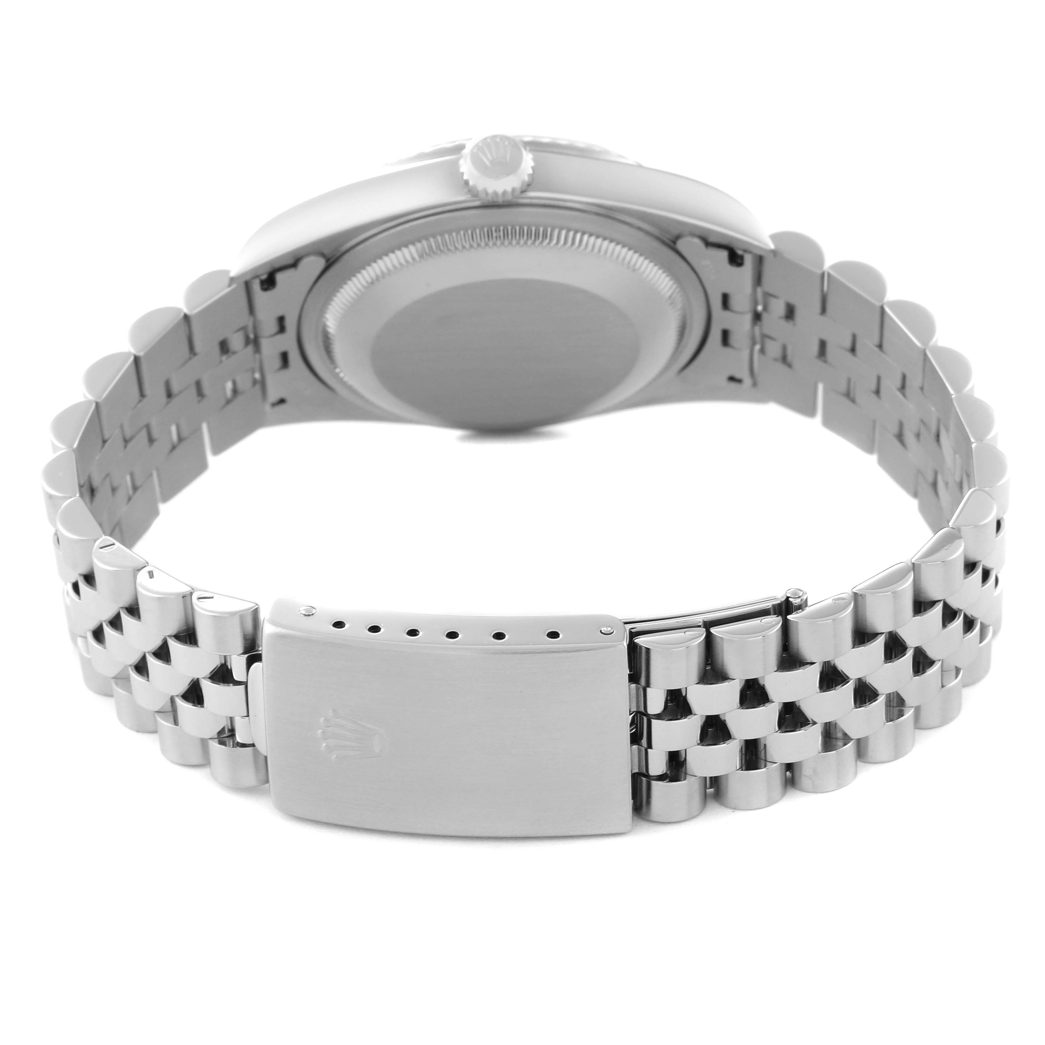 This image shows the back view of a Rolex Datejust 16234 Men's Stainless Steel Blue Dial 16234 Men's Stainless Steel Blue Dial watch, highlighting its case back and Jubilee bracelet with a clasp.