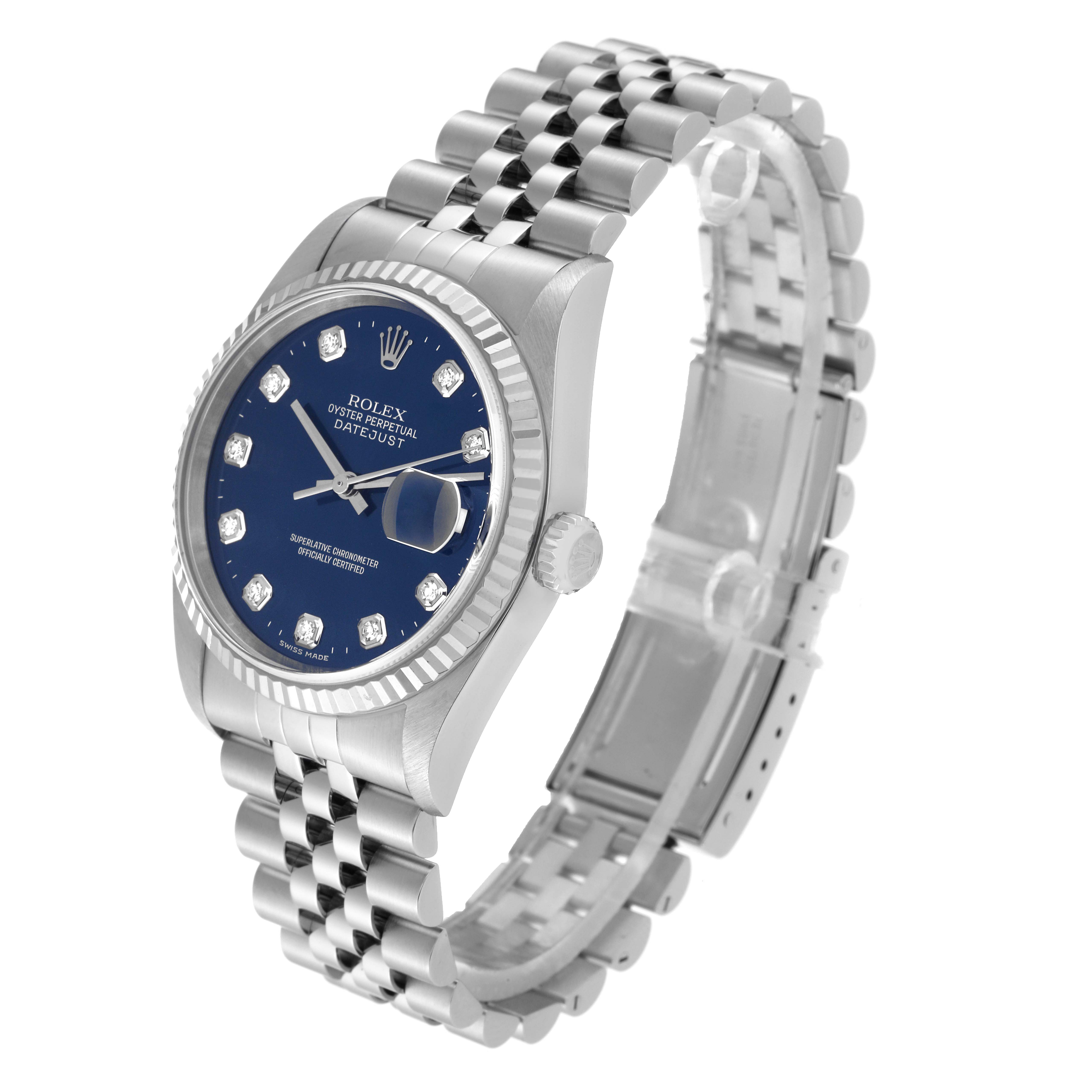 The Rolex Datejust 16234 Men's Stainless Steel Blue Dial 16234 Men's Stainless Steel Blue Dial watch is shown at a three-quarter angle, displaying the face, crown, and bracelet in detail.
