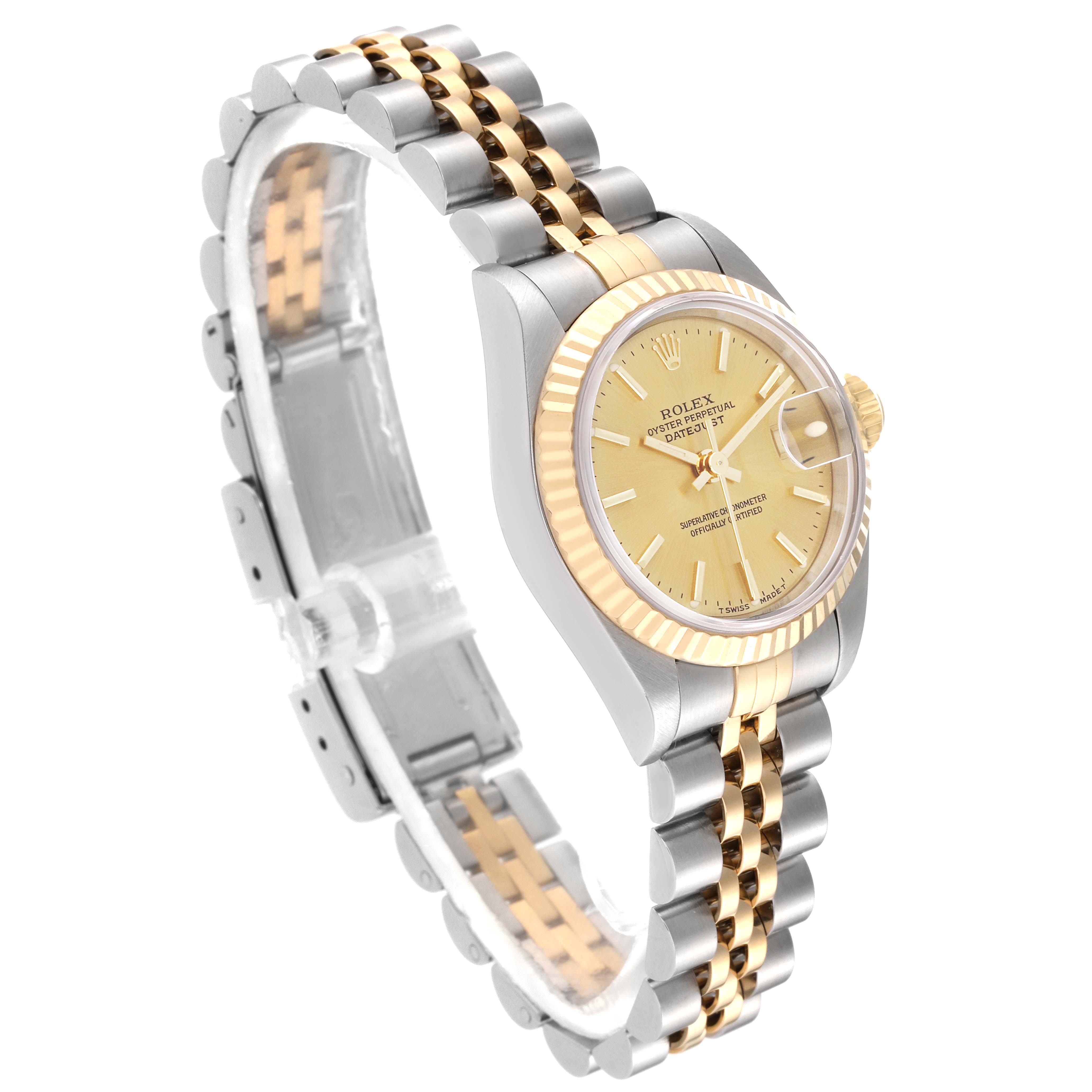 The image shows a Rolex Datejust 69173 Women
s Steel and Gold (two tone) Champagne Dial 69173 Women
s Steel and Gold (two tone) Champagne Dial watch, angled to display the face, bezel, crown, and the two-tone jubilee bracelet.