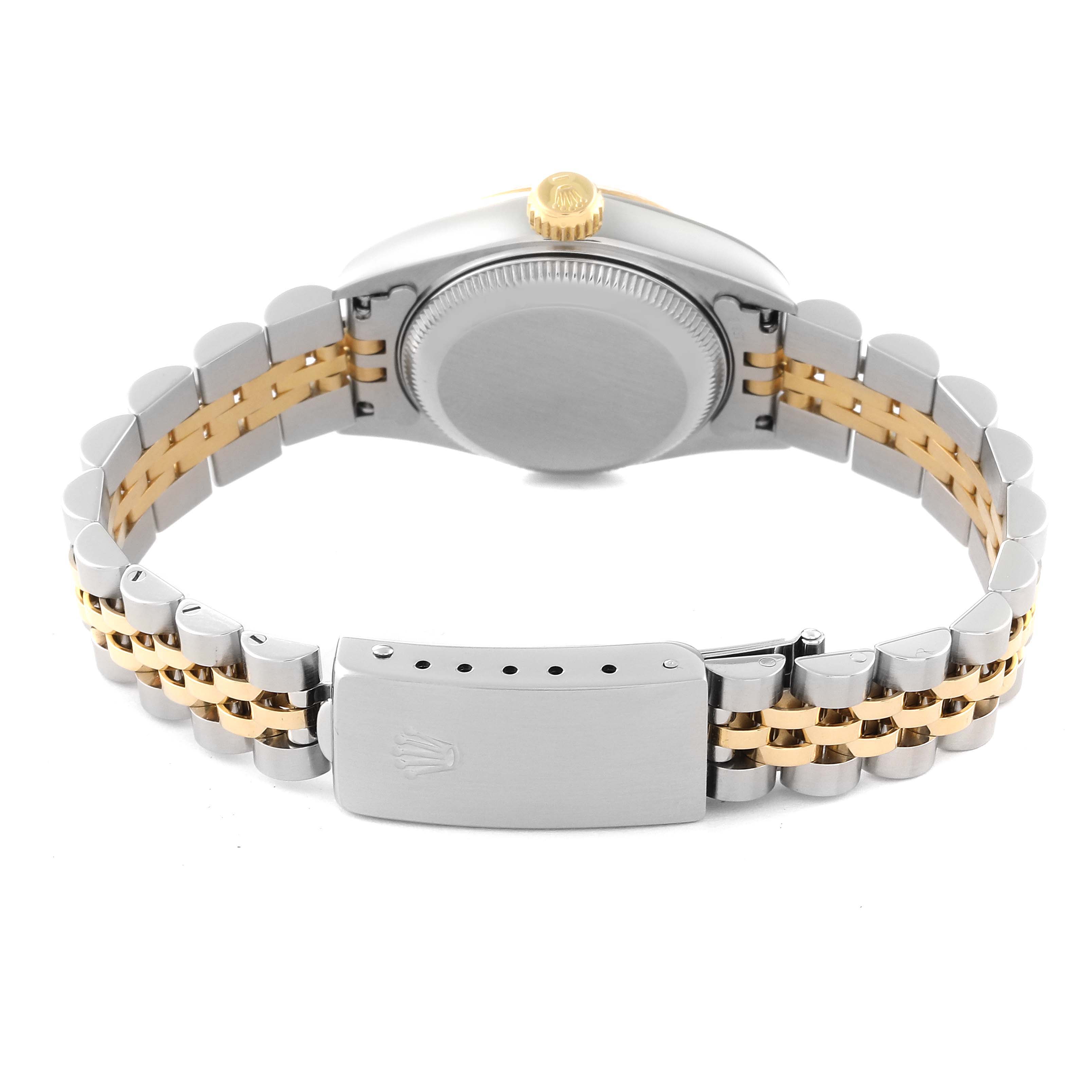 This image shows the back case and bracelet of a Rolex Datejust 69173 Women
s Steel and Gold (two tone) Champagne Dial 69173 Women
s Steel and Gold (two tone) Champagne Dial watch, focusing on the clasp and the two-tone Jubilee bracelet.