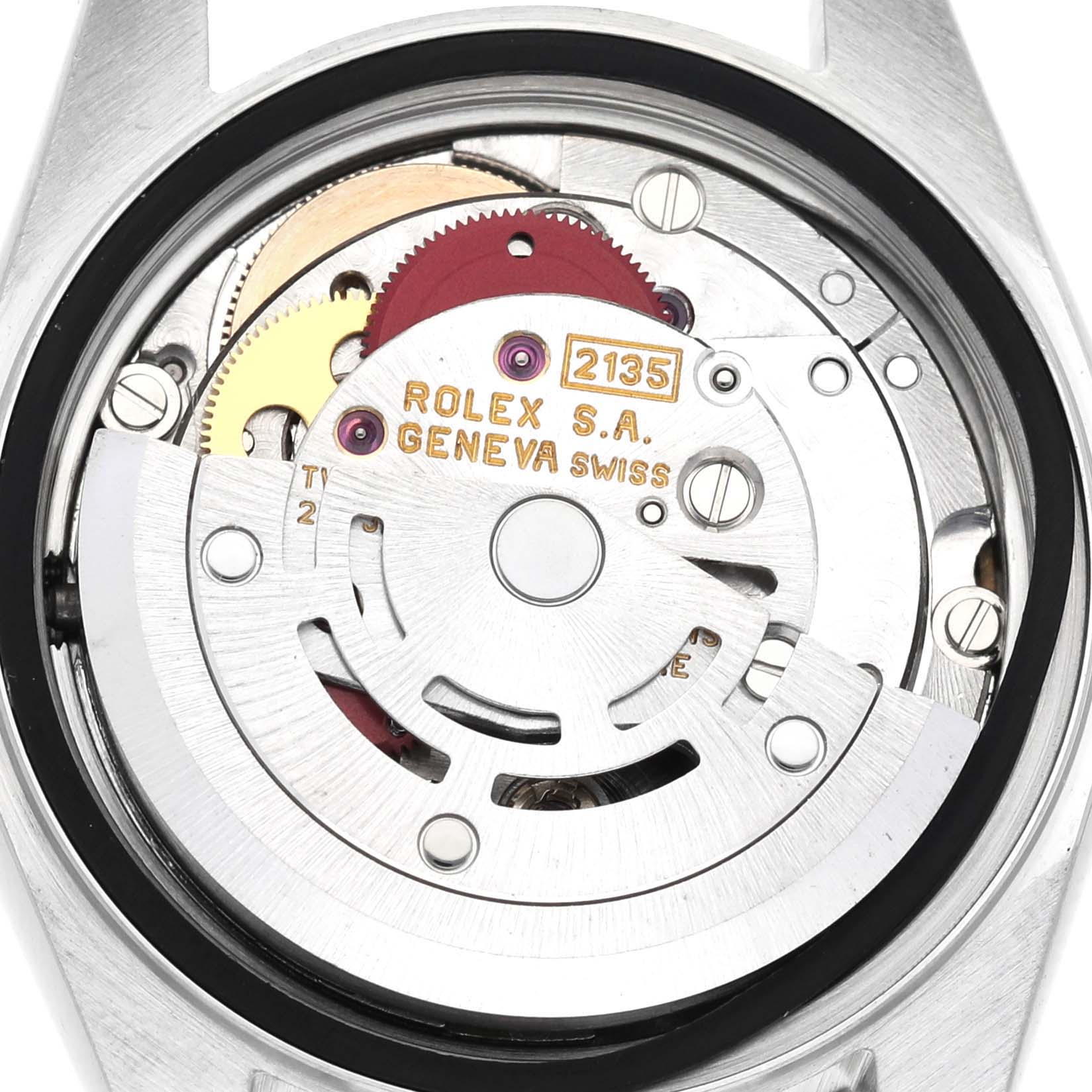 The image shows the movement mechanism of the Rolex Datejust 69173 Women
s Steel and Gold (two tone) Champagne Dial 69173 Women
s Steel and Gold (two tone) Champagne Dial model from the back angle.