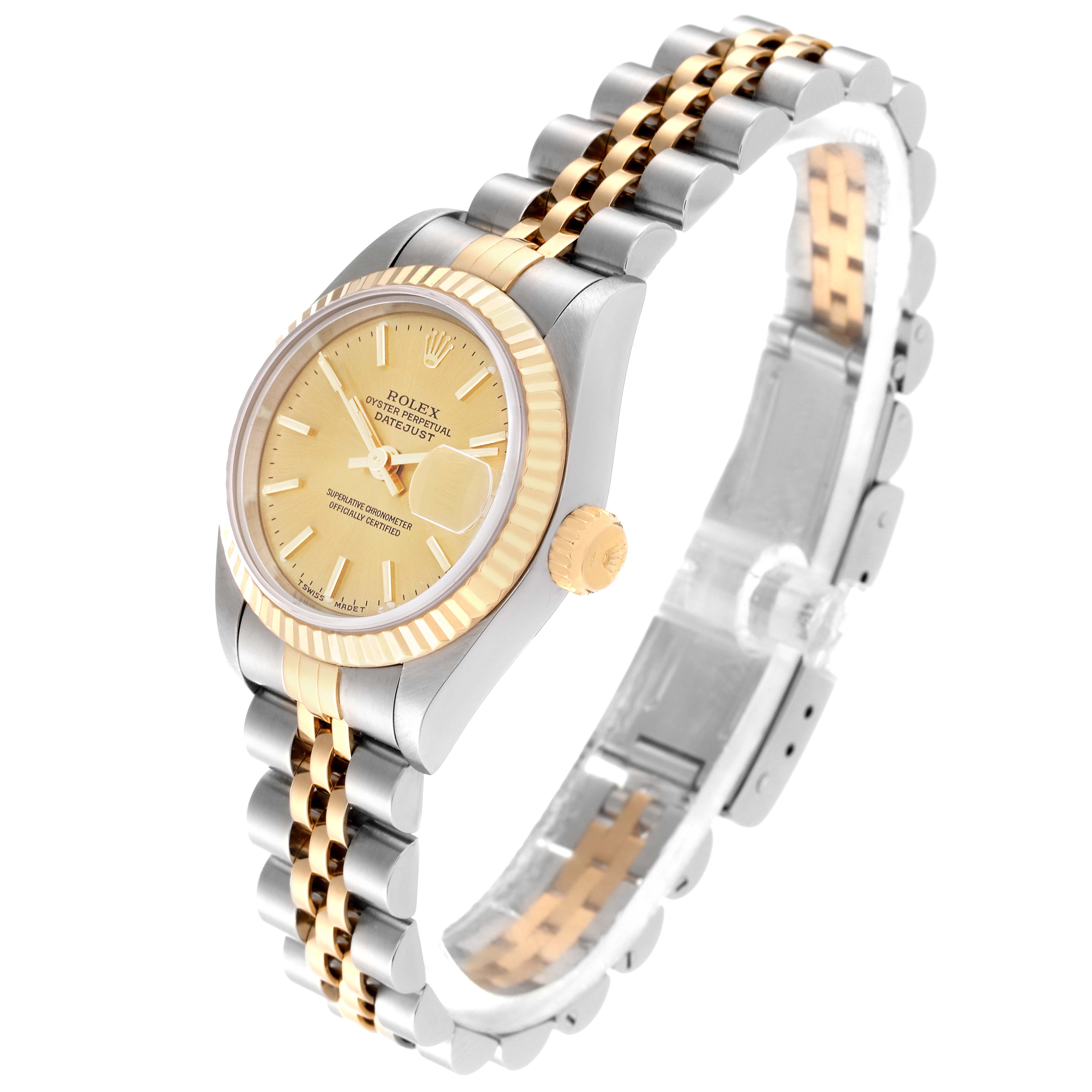 The image shows a Rolex Datejust 69173 Women
s Steel and Gold (two tone) Champagne Dial 69173 Women
s Steel and Gold (two tone) Champagne Dial model watch at a three-quarter angle, displaying the dial, bezel, crown, and bracelet.