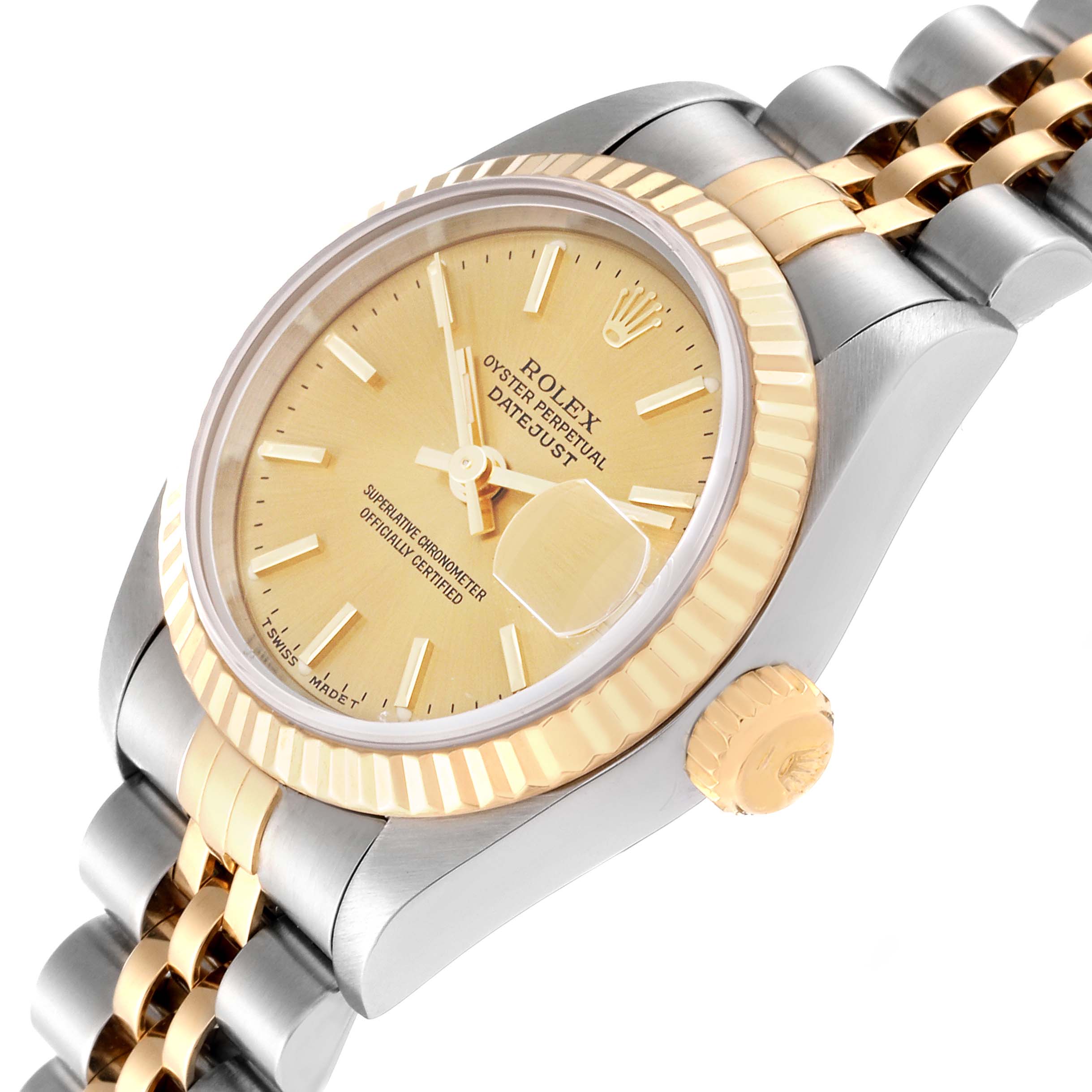 The image shows a close-up angle of a Rolex Datejust 69173 Women
s Steel and Gold (two tone) Champagne Dial 69173 Women
s Steel and Gold (two tone) Champagne Dial watch, highlighting the dial, bezel, crown, and part of the bracelet.