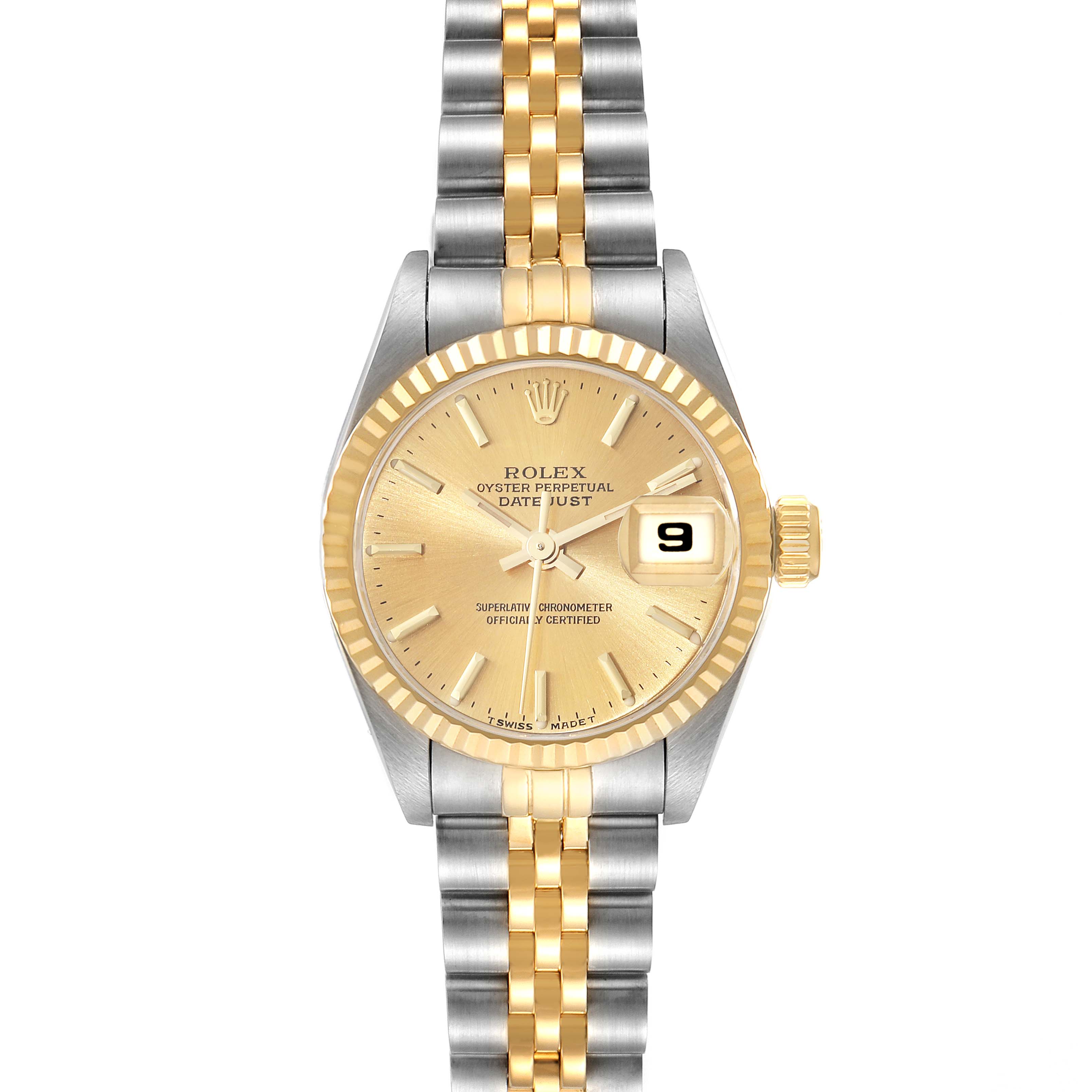 The image shows a front view of the Rolex Datejust 69173 Women
s Steel and Gold (two tone) Champagne Dial 69173 Women
s Steel and Gold (two tone) Champagne Dial watch, featuring its dial, bezel, crown, and two-tone metal bracelet.