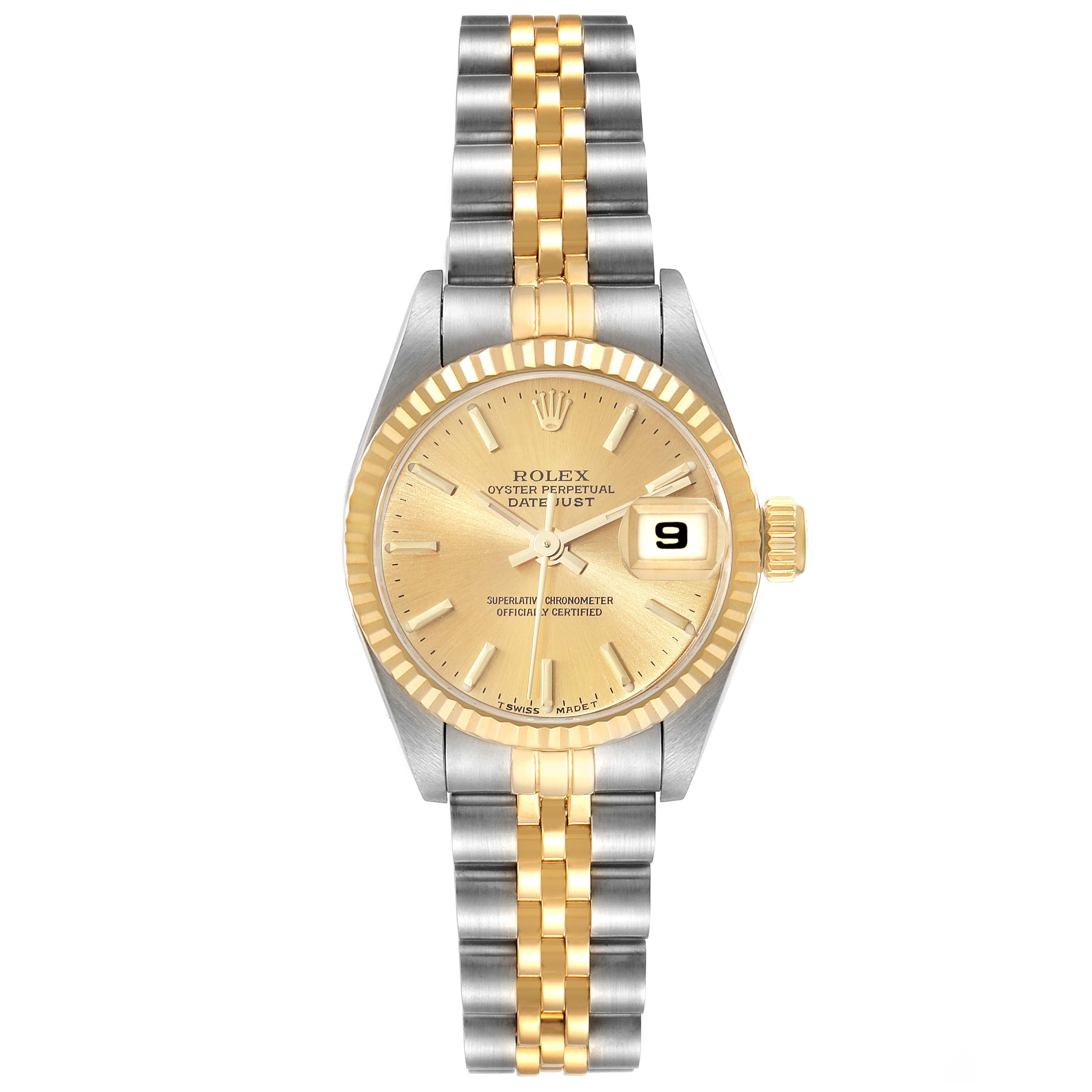 This Rolex Datejust 69173 Women
s Steel and Gold (two tone) Champagne Dial 69173 Women
s Steel and Gold (two tone) Champagne Dial watch is shown in a straight front angle, displaying the face, bezel, crown, and bracelet.