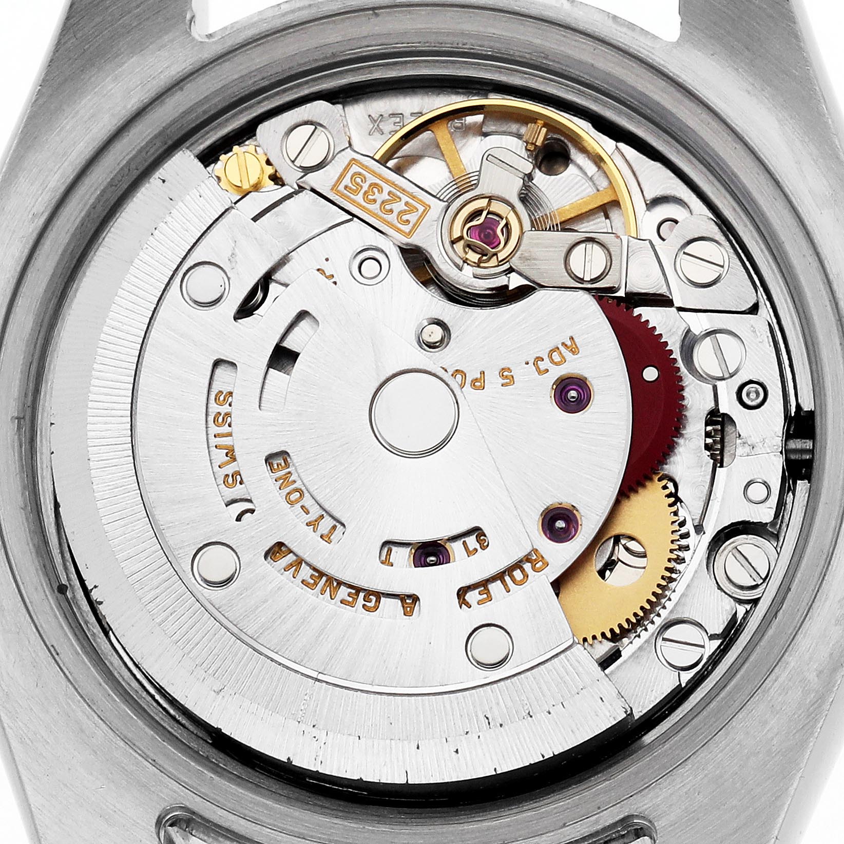 The image shows the inner mechanical movement of a Rolex Datejust 179173 Women's Steel and Gold (two tone) Champagne Dial 179173 Women's Steel and Gold (two tone) Champagne Dial, highlighting gears and the oscillating weight from the back.