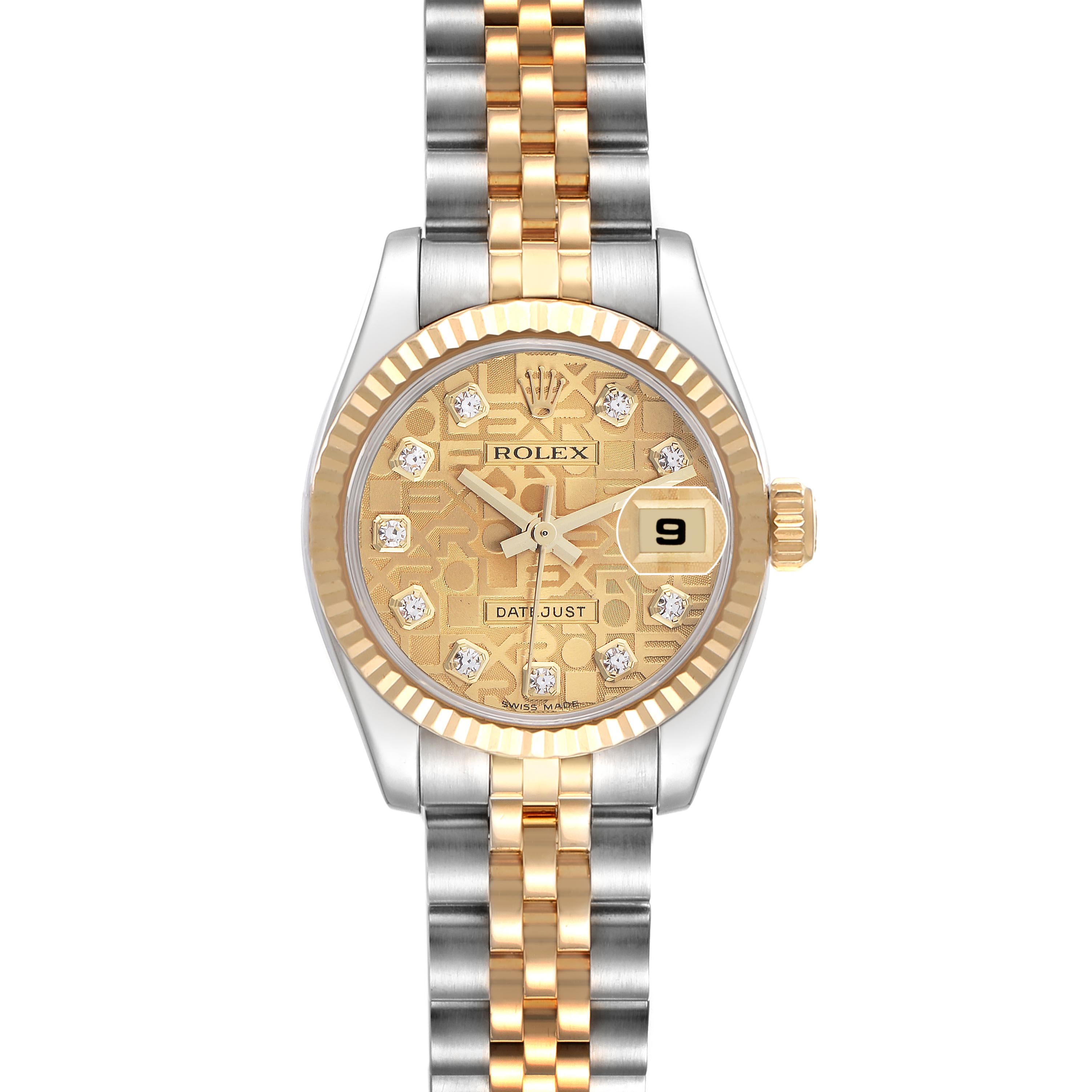 The Rolex Datejust 179173 Women's Steel and Gold (two tone) Champagne Dial 179173 Women's Steel and Gold (two tone) Champagne Dial watch is shown from the front, displaying its gold and silver jubilee bracelet, gold dial, and fluted bezel.
