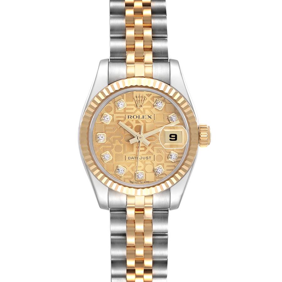 The Rolex Datejust watch is shown from the front, displaying its gold and silver jubilee bracelet, gold dial, and fluted bezel.