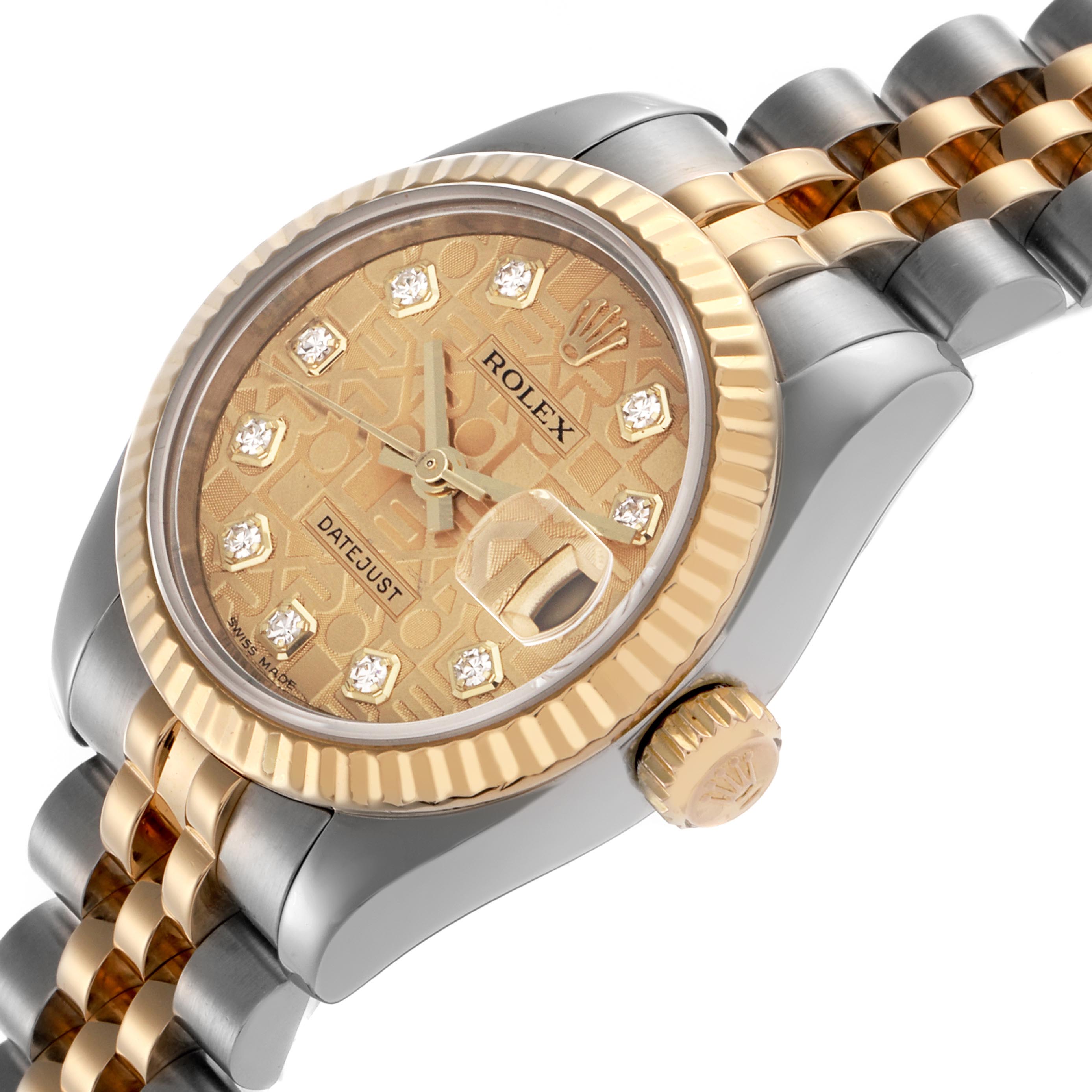 The Rolex Datejust 179173 Women's Steel and Gold (two tone) Champagne Dial 179173 Women's Steel and Gold (two tone) Champagne Dial watch is shown at a three-quarter angle, highlighting the case, bezel, dial, and part of the bracelet.