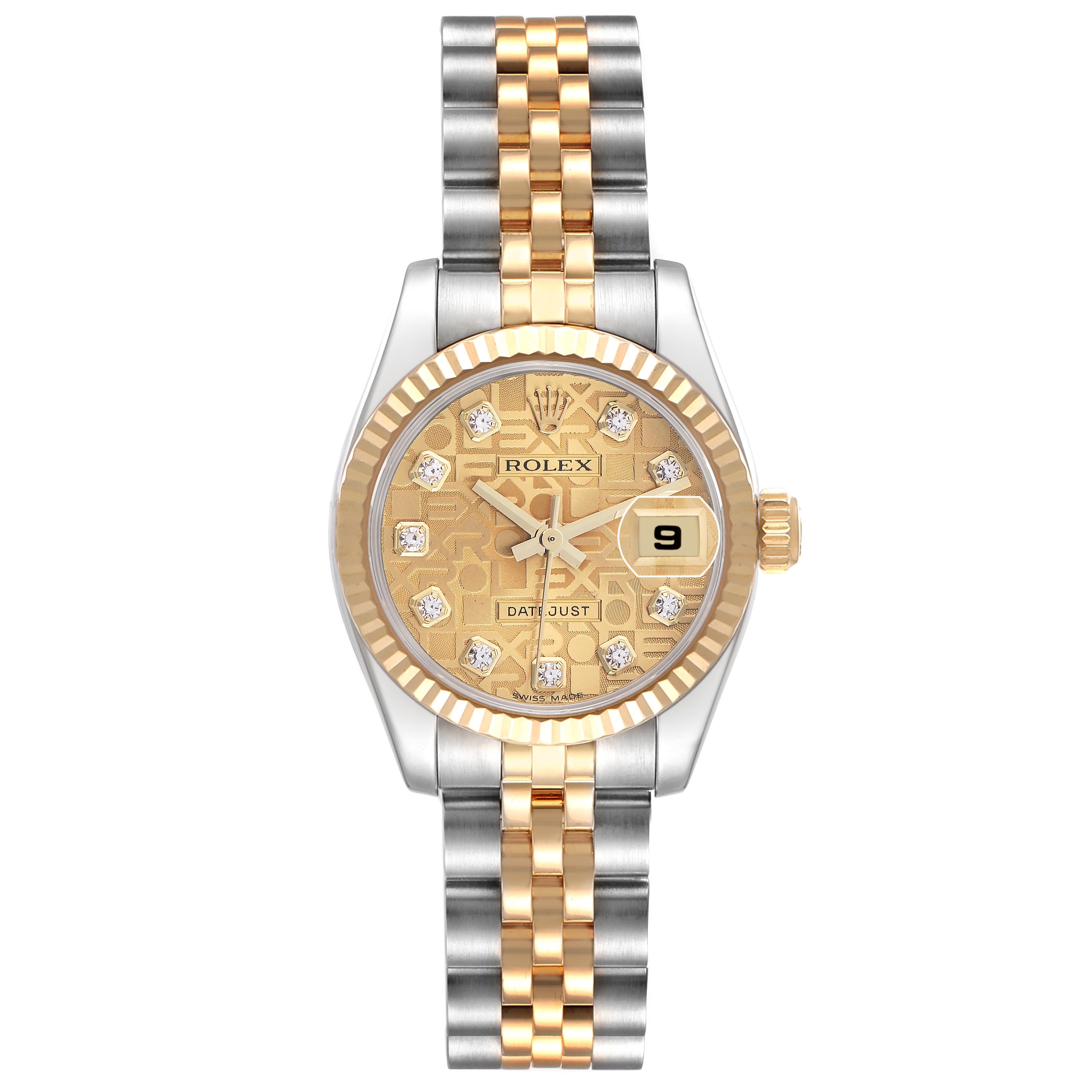 The Rolex Datejust 179173 Women's Steel and Gold (two tone) Champagne Dial 179173 Women's Steel and Gold (two tone) Champagne Dial watch is shown from the front, displaying the dial, bezel, and two-tone bracelet.