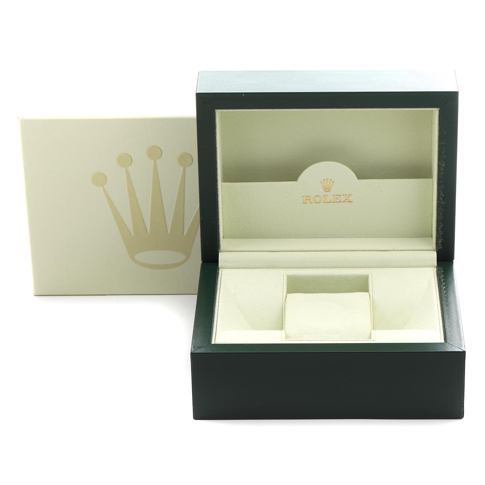 The image shows an open Rolex Datejust 179173 Women's Steel and Gold (two tone) Champagne Dial 179173 Women's Steel and Gold (two tone) Champagne Dial watch box at a frontal angle, displaying the inner cushioning and logo.