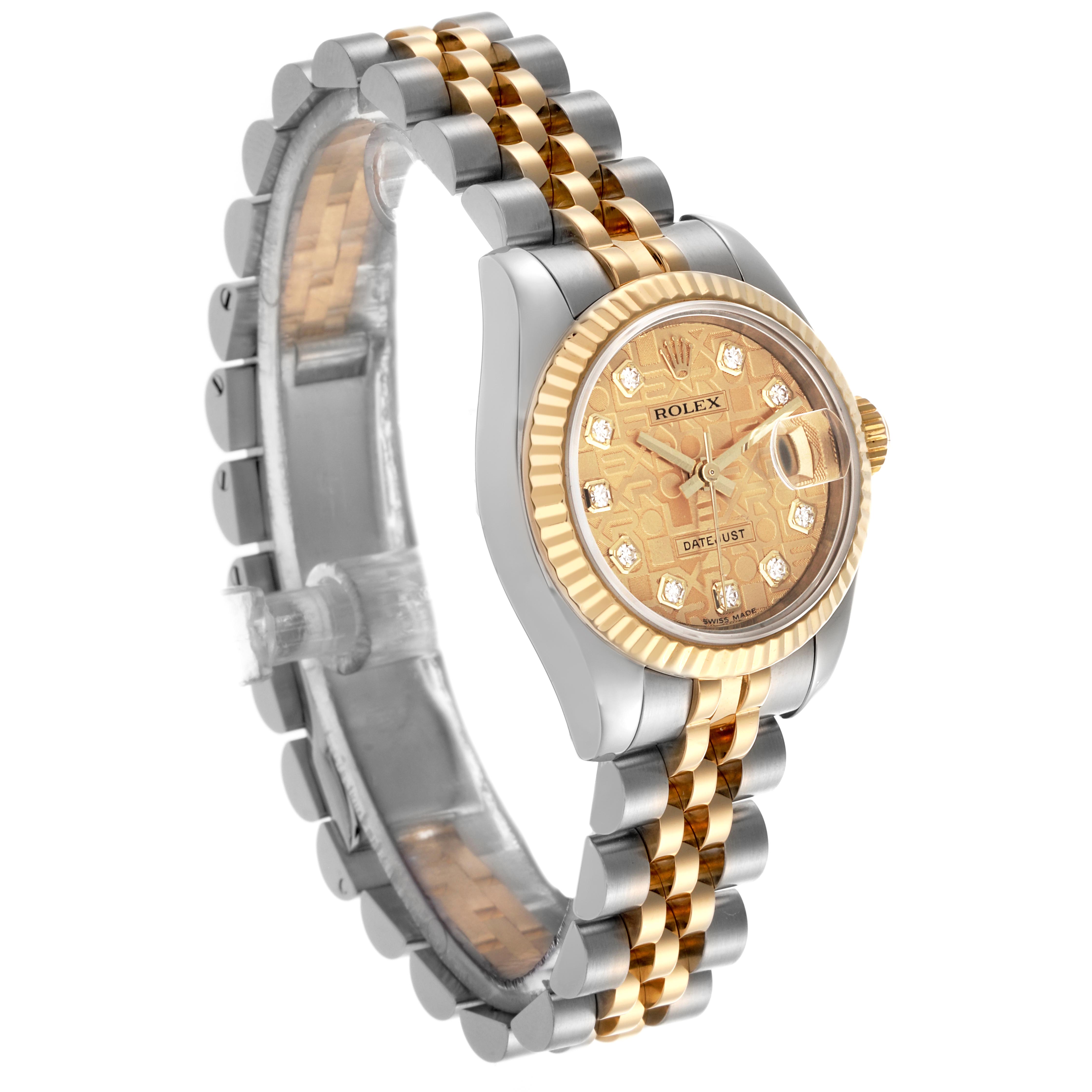 The Rolex Datejust 179173 Women's Steel and Gold (two tone) Champagne Dial 179173 Women's Steel and Gold (two tone) Champagne Dial watch is shown at a three-quarter angle, highlighting the gold and silver jubilee bracelet and fluted bezel.