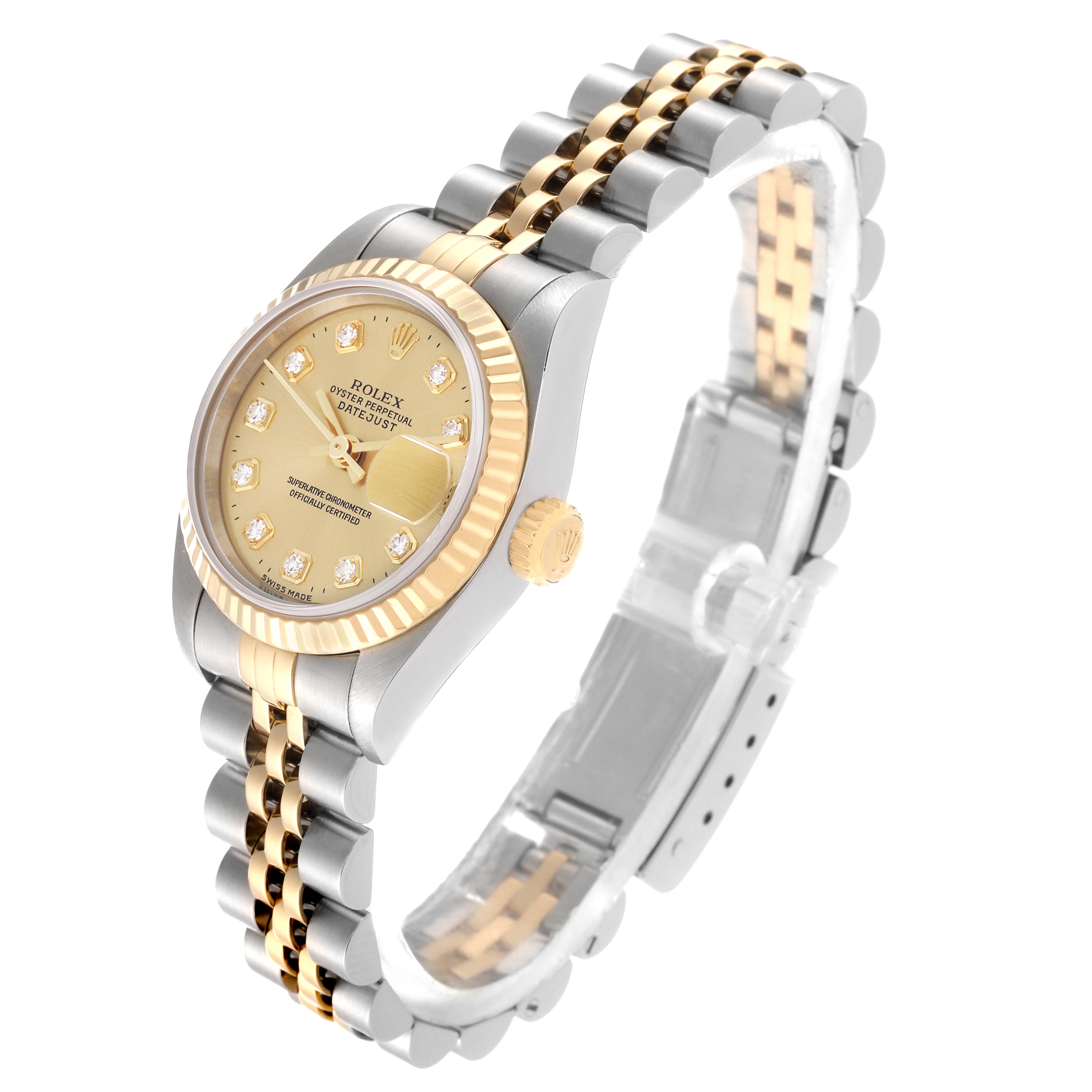 The Rolex Datejust 69173 Women's Steel and Gold (two tone) Champagne Dial 69173 Women's Steel and Gold (two tone) Champagne Dial watch is shown at a three-quarter angle, displaying the dial, bezel, crown, and bracelet.