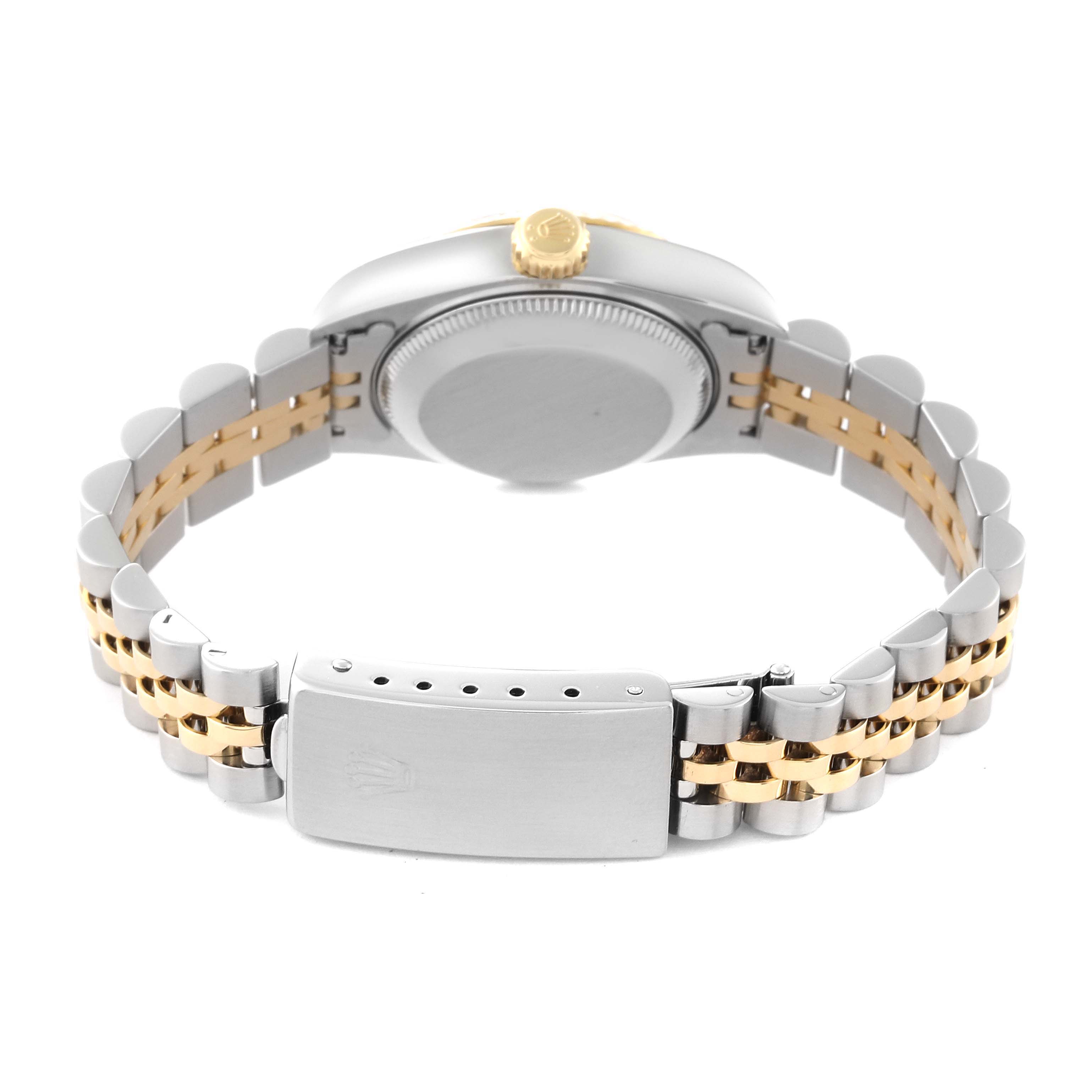 This image shows the back view of the Rolex Datejust 69173 Women's Steel and Gold (two tone) Champagne Dial 69173 Women's Steel and Gold (two tone) Champagne Dial watch, highlighting the clasp, bracelet, and case back.