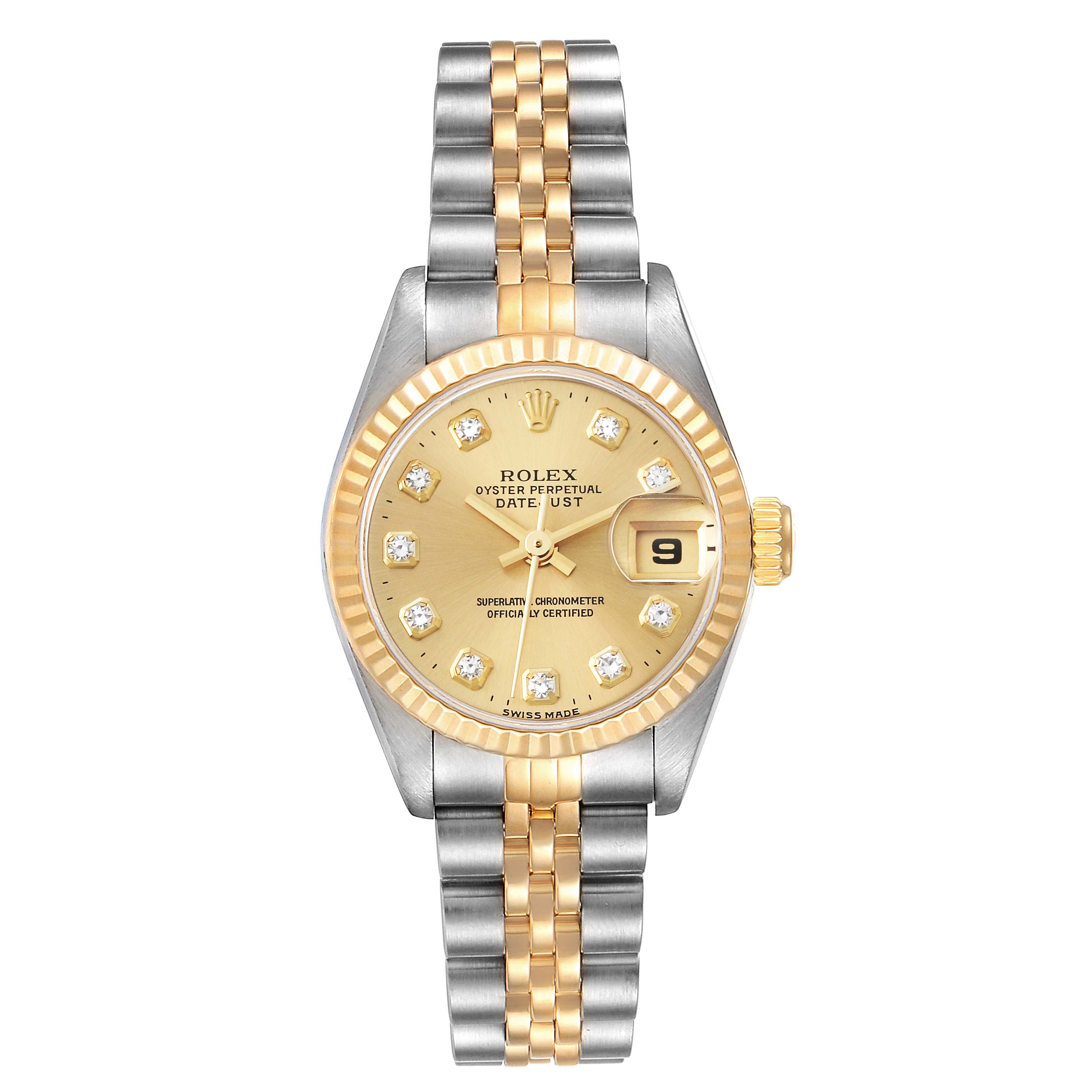 The Rolex Datejust 69173 Women's Steel and Gold (two tone) Champagne Dial 69173 Women's Steel and Gold (two tone) Champagne Dial watch is shown from a top-down angle, displaying the face, bracelet, bezel, and crown.