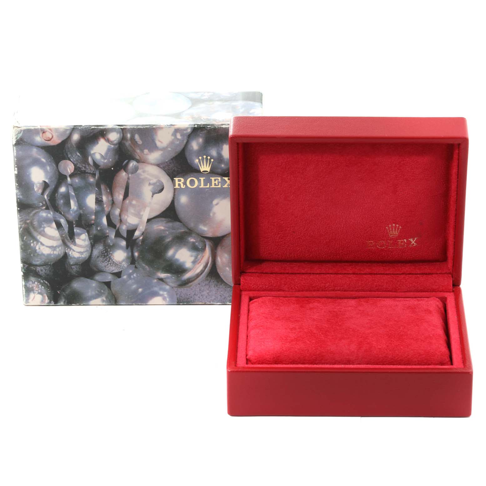 The image shows an open red Rolex Datejust 69173 Women's Steel and Gold (two tone) Champagne Dial 69173 Women's Steel and Gold (two tone) Champagne Dial watch box with the outer decorative sleeve in the background.