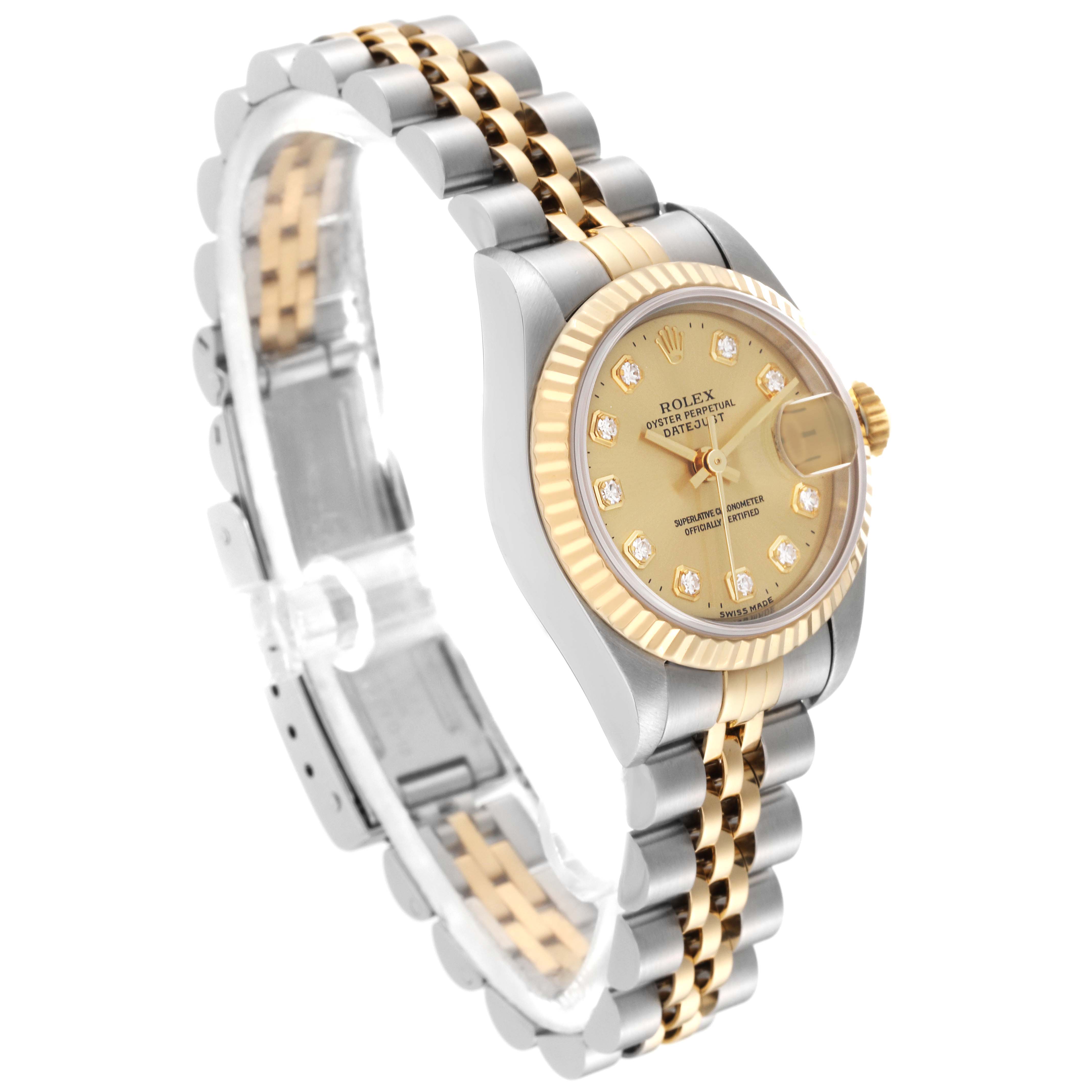 This is a Rolex Datejust 69173 Women's Steel and Gold (two tone) Champagne Dial 69173 Women's Steel and Gold (two tone) Champagne Dial watch shown from an angled side view, displaying its face and stainless steel and gold Jubilee bracelet.