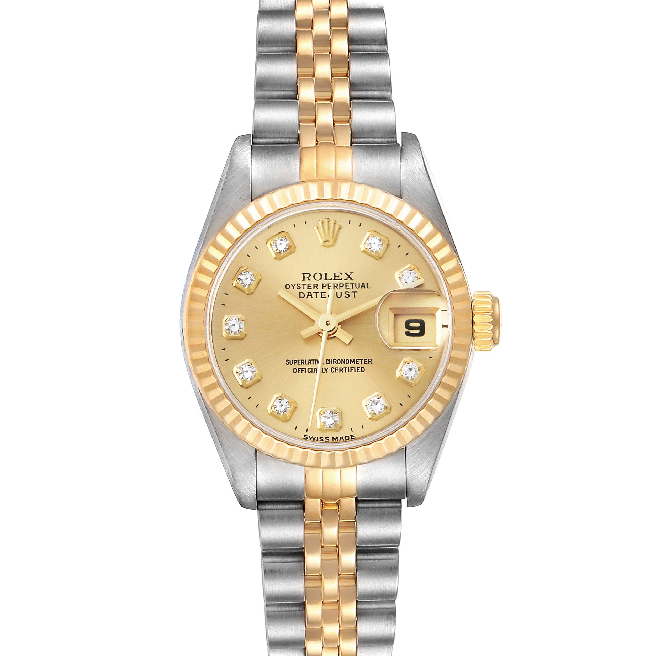 This image shows a frontal view of the Rolex Datejust 69173 Women's Steel and Gold (two tone) Champagne Dial 69173 Women's Steel and Gold (two tone) Champagne Dial watch, highlighting the dial, bezel, and two-tone bracelet.