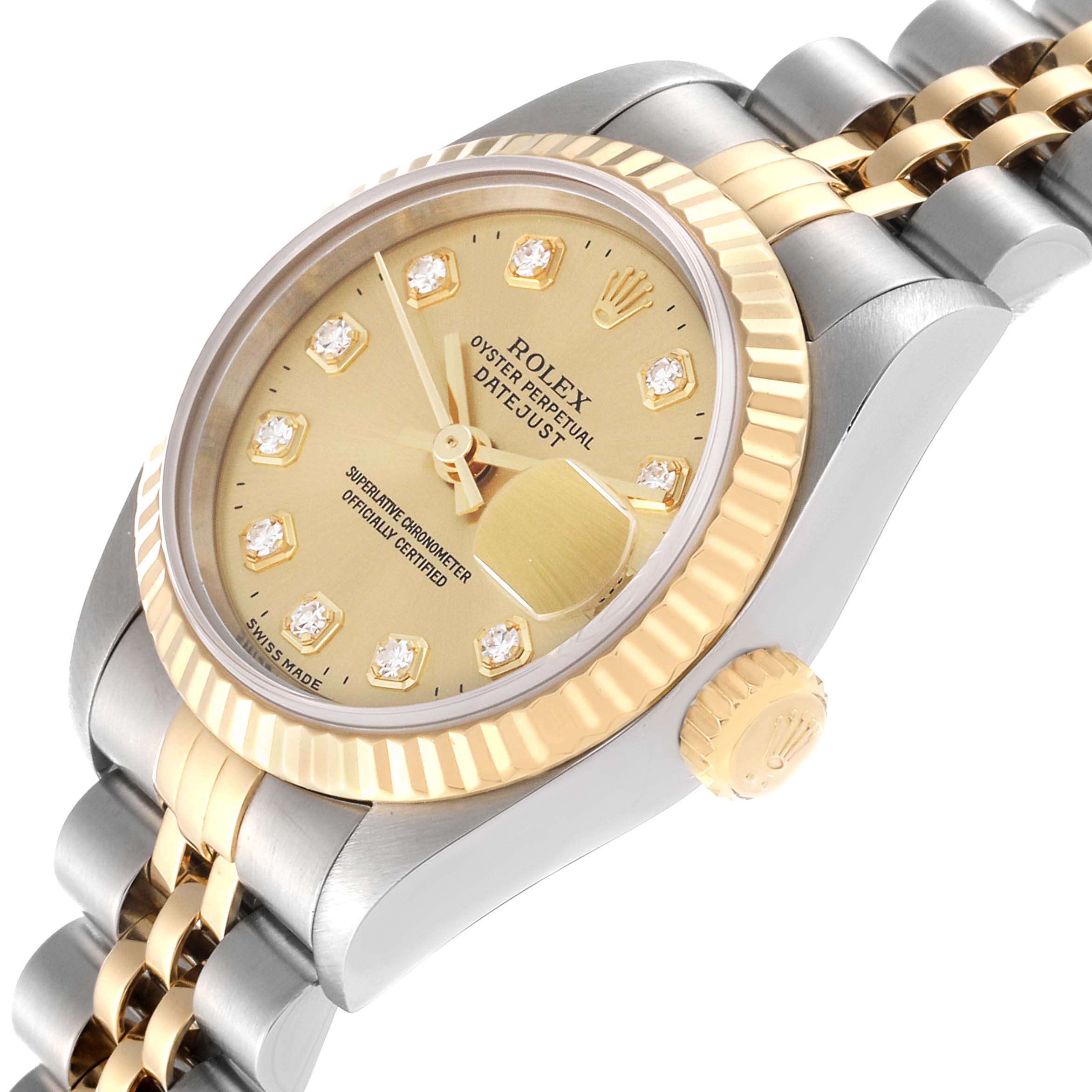 This image shows a side-angle view of a Rolex Datejust 69173 Women's Steel and Gold (two tone) Champagne Dial 69173 Women's Steel and Gold (two tone) Champagne Dial watch, highlighting its gold bezel, diamond markers, and two-tone bracelet.