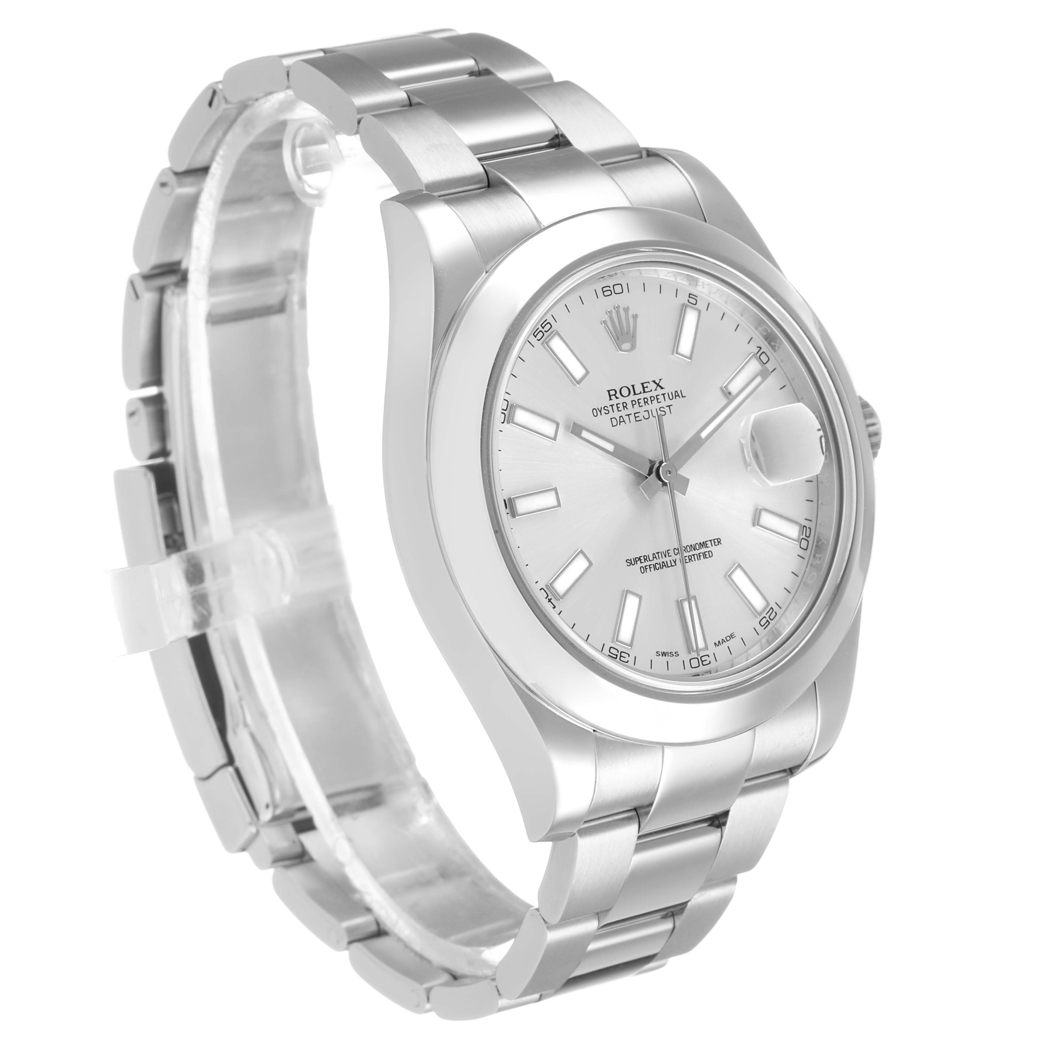 The Rolex Datejust 41 116300 Men's Stainless Steel Silver Dial is shown from a three-quarter angle, highlighting the watch face, bezel, and bracelet.