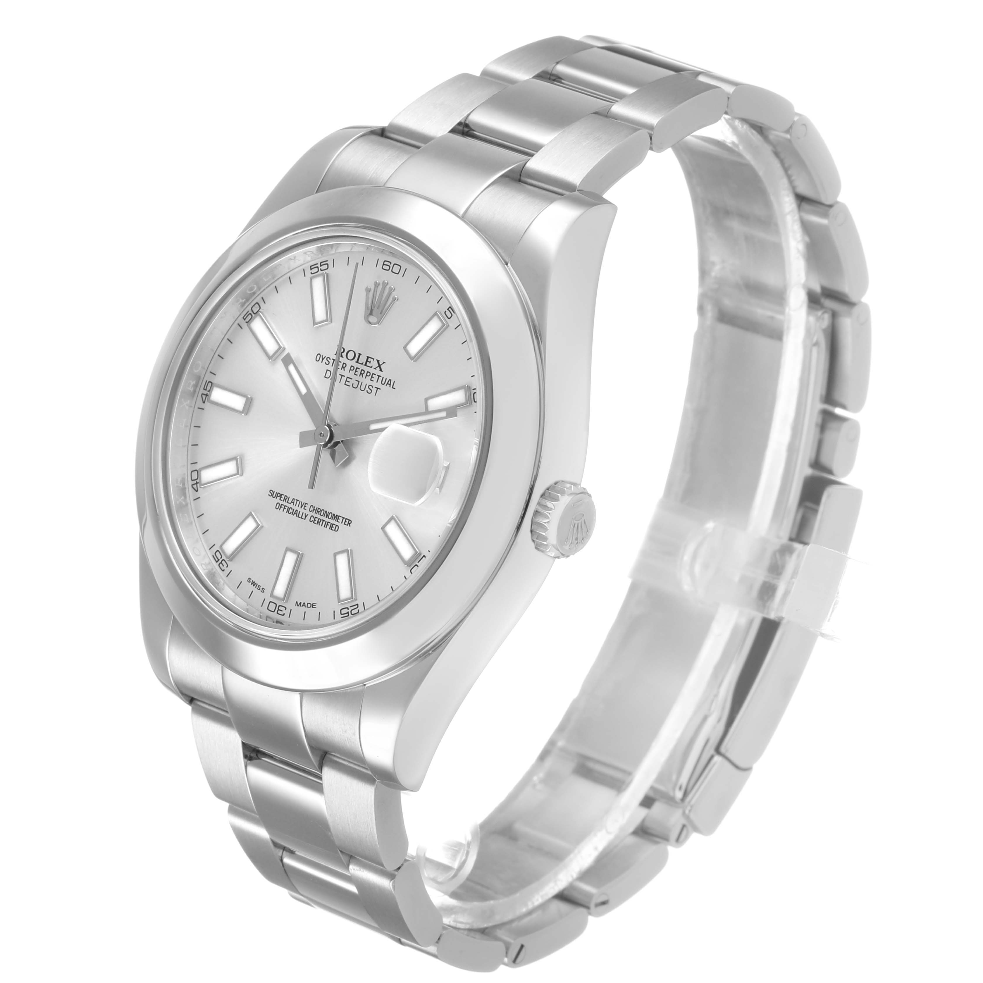 The Rolex Datejust 41 116300 Men's Stainless Steel Silver Dial is shown at an angled view, highlighting the face, bezel, bracelet, and crown.