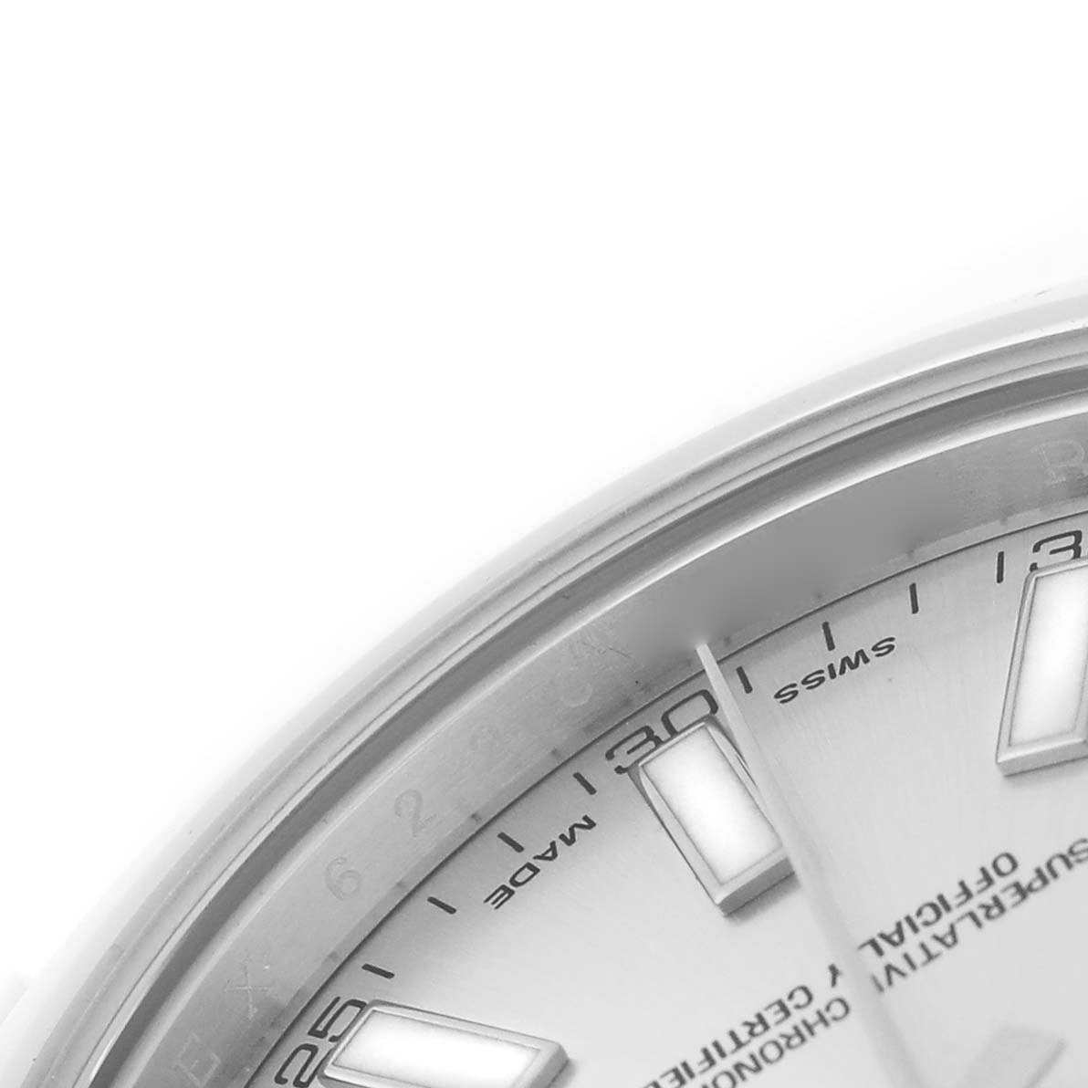 The image shows a close-up angle of the Rolex Datejust 41 116300 Men's Stainless Steel Silver Dial's dial, including hour markers and part of the chapter ring.