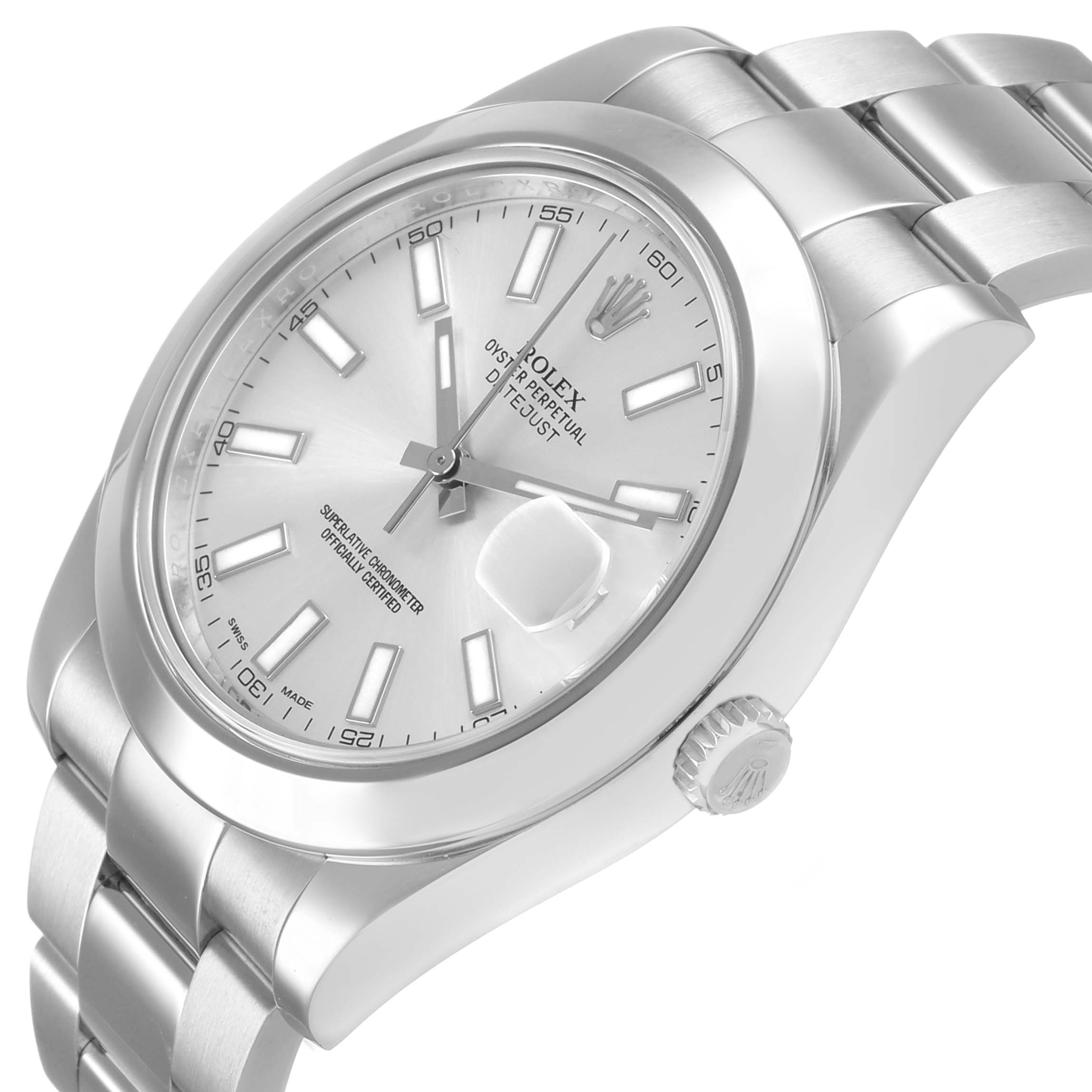 The Rolex Datejust 41 116300 Men's Stainless Steel Silver Dial watch is shown from an angled side view, highlighting the dial, bezel, and bracelet.