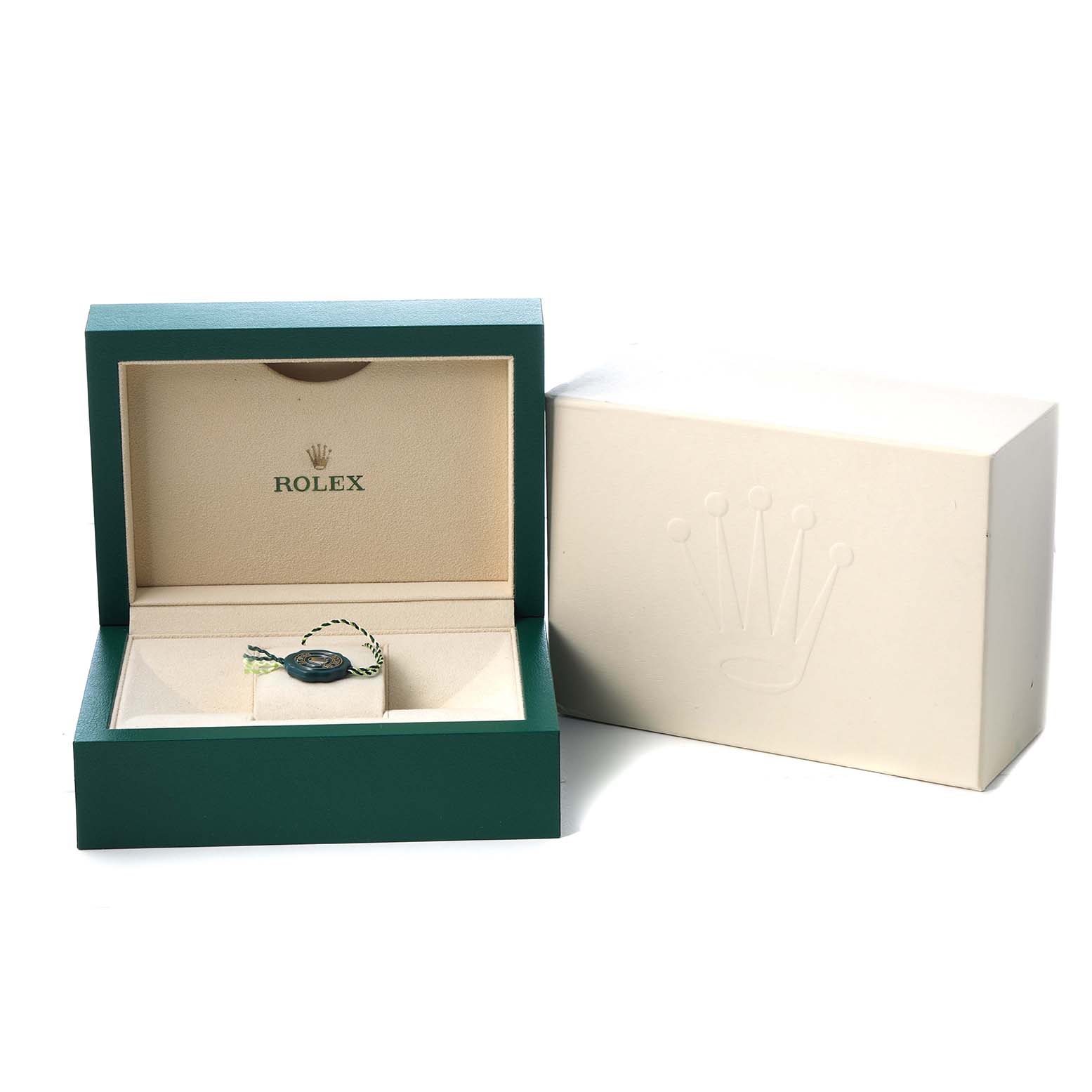 The image shows a Rolex Datejust 41 116300 Men's Stainless Steel Silver Dial watch box and tag from the front angle, with the outer box beside it.