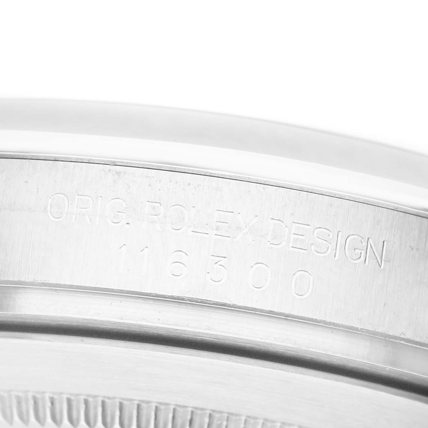 The image shows a close-up of the side of the Rolex Datejust 41 116300 Men's Stainless Steel Silver Dial, focusing on the engraved lettering.