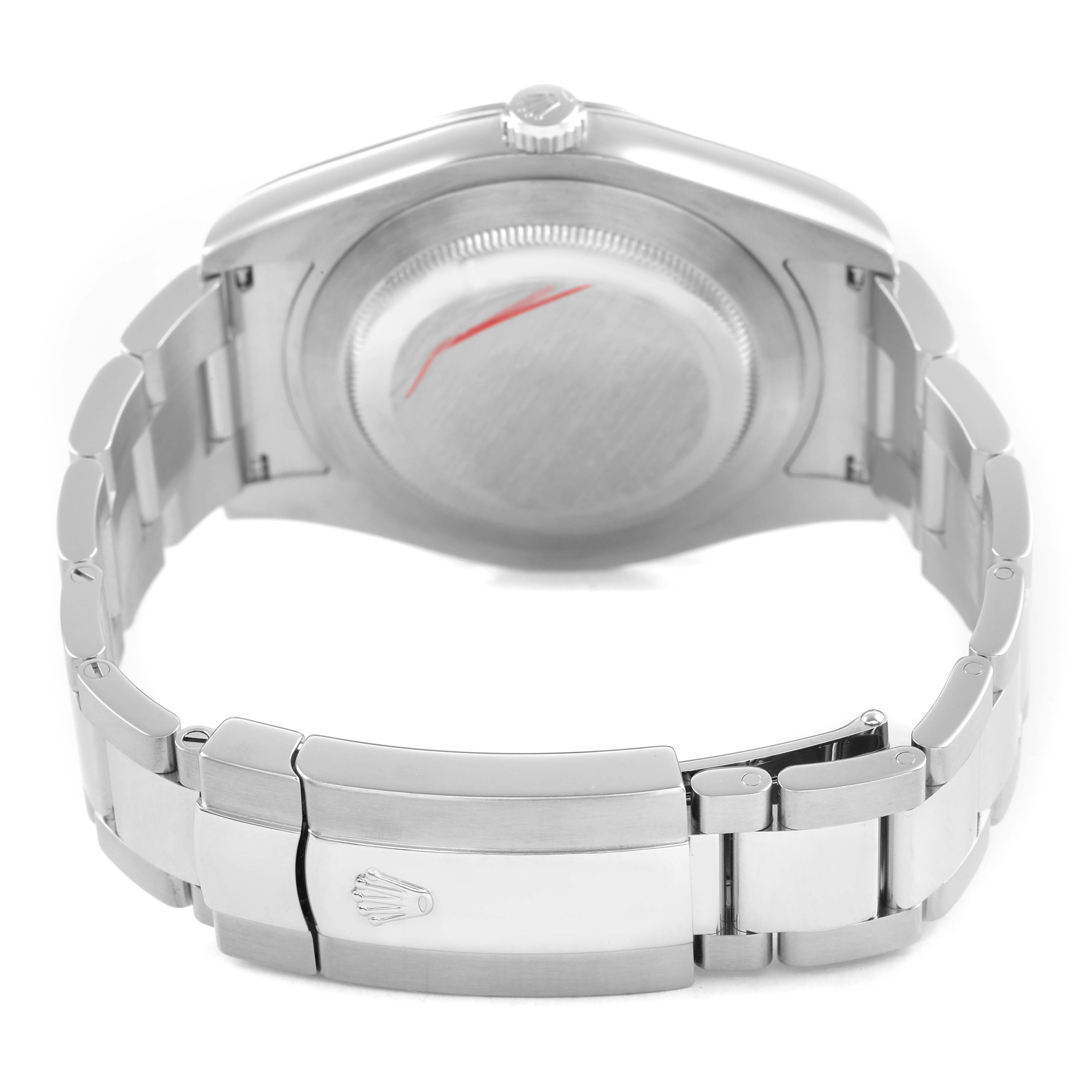 The image shows the back case and bracelet clasp of the Rolex Datejust 41 116300 Men's Stainless Steel Silver Dial, viewed from behind.