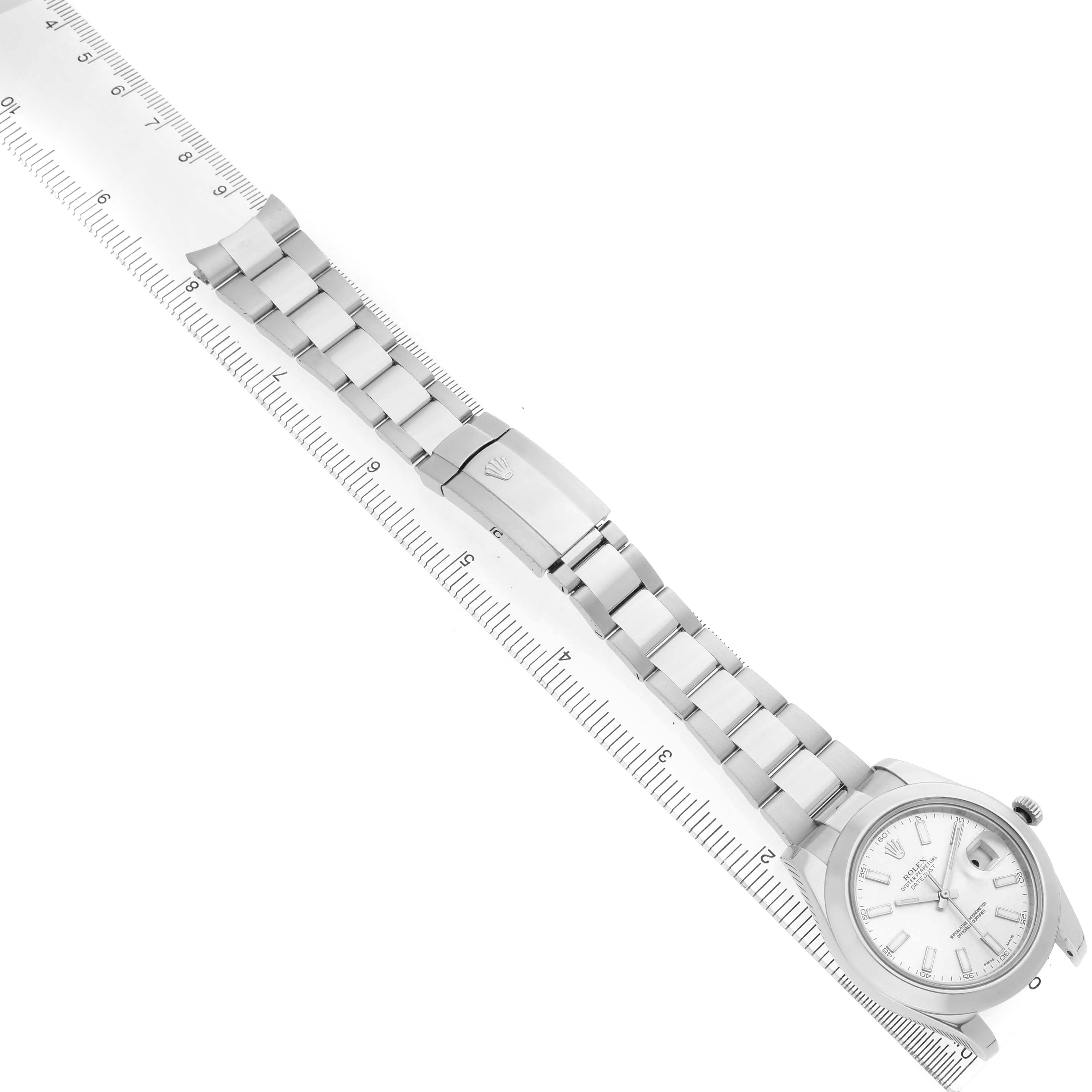 The image shows a Rolex Datejust 41 116300 Men's Stainless Steel Silver Dial watch laid flat, highlighting the bracelet, clasp, and face at an angle.
