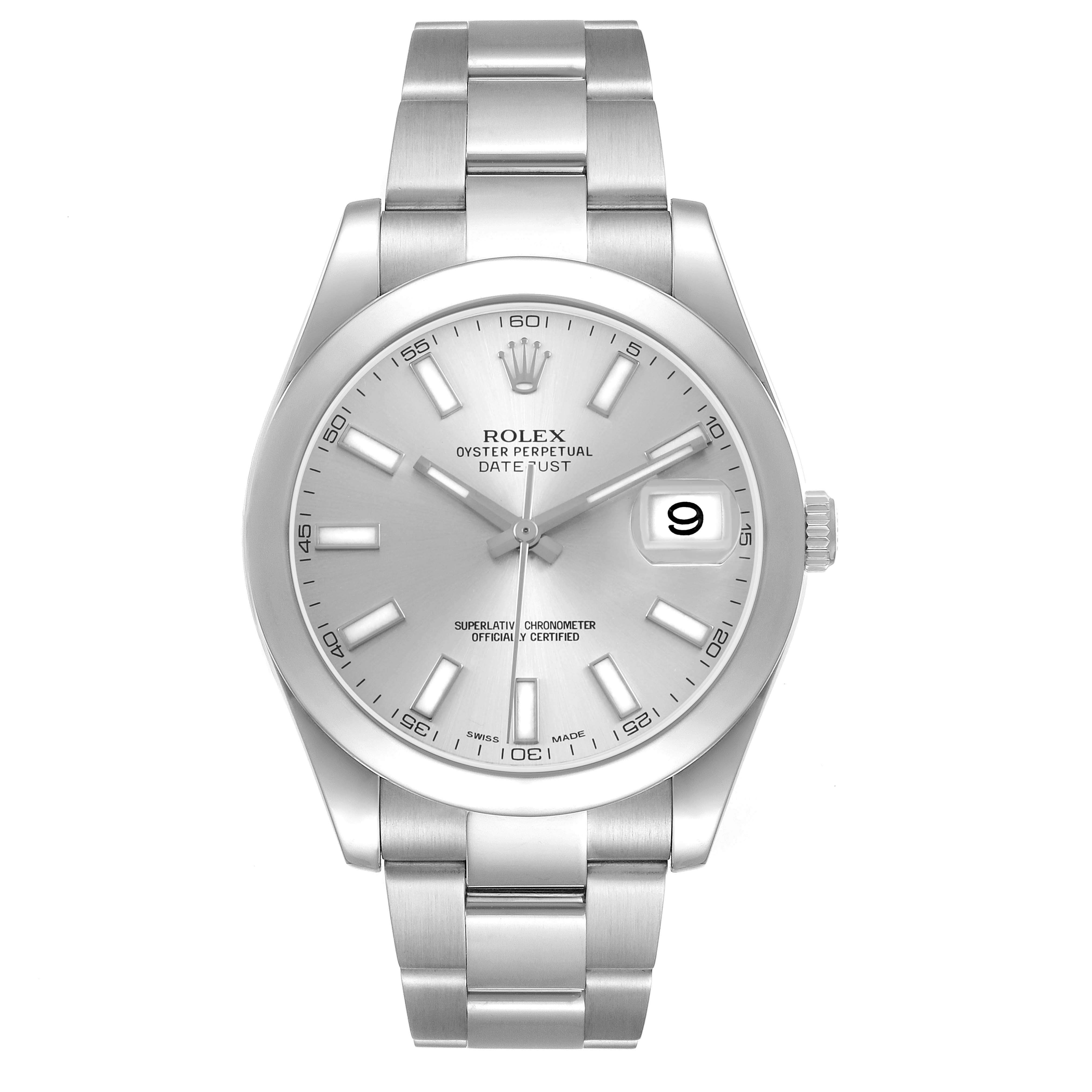 The Rolex Datejust 41 116300 Men's Stainless Steel Silver Dial watch is shown from a front angle, highlighting the dial, bezel, and oyster bracelet.