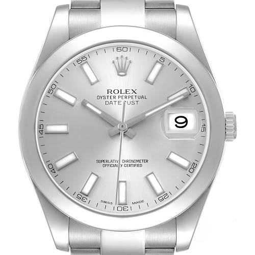 The Rolex Datejust 41 116300 Men's Stainless Steel Silver Dial is shown from the front, displaying the dial, hands, markers, and date window.